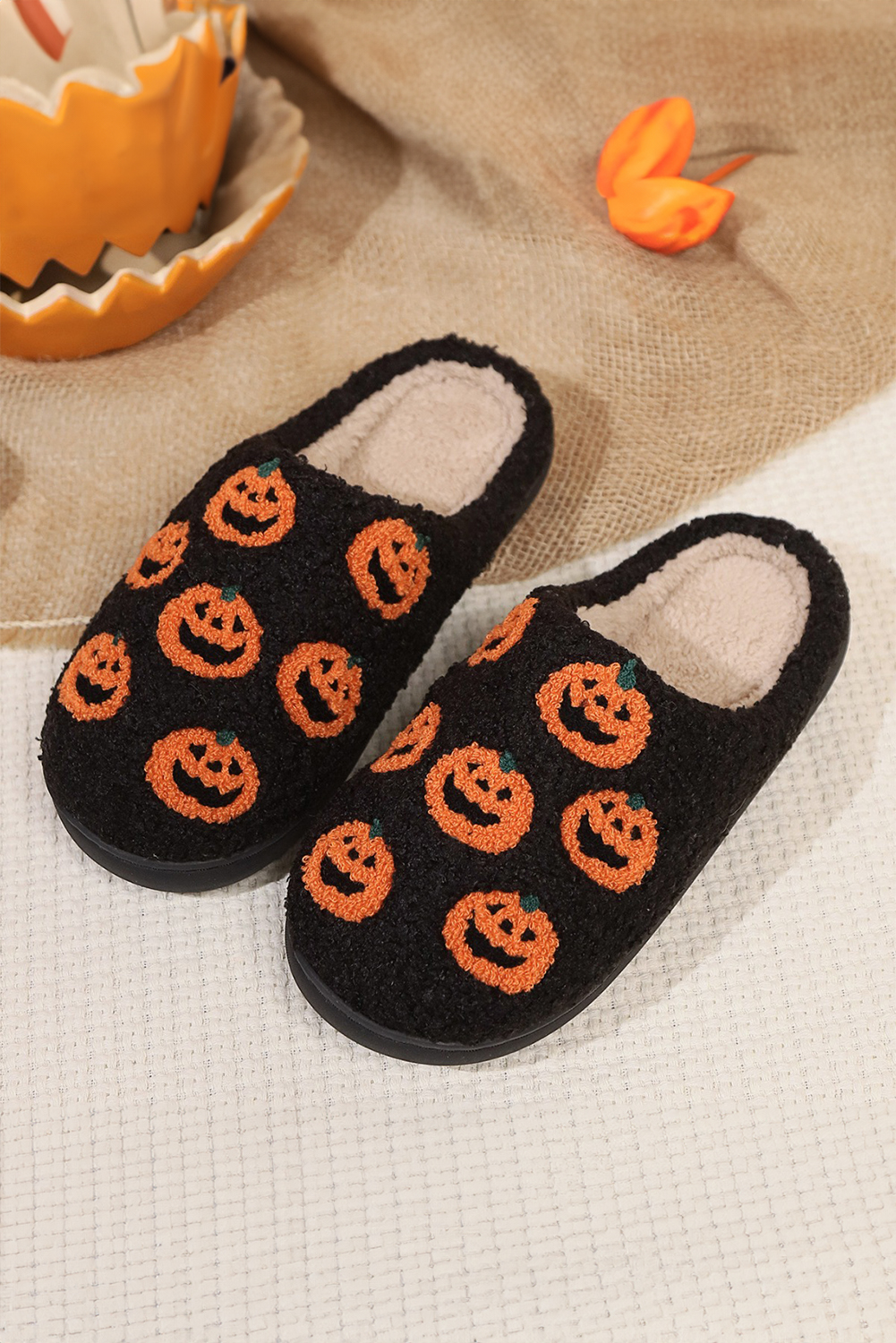 Black Halloween Pumpkin Plush Home Slippers - loveforevers