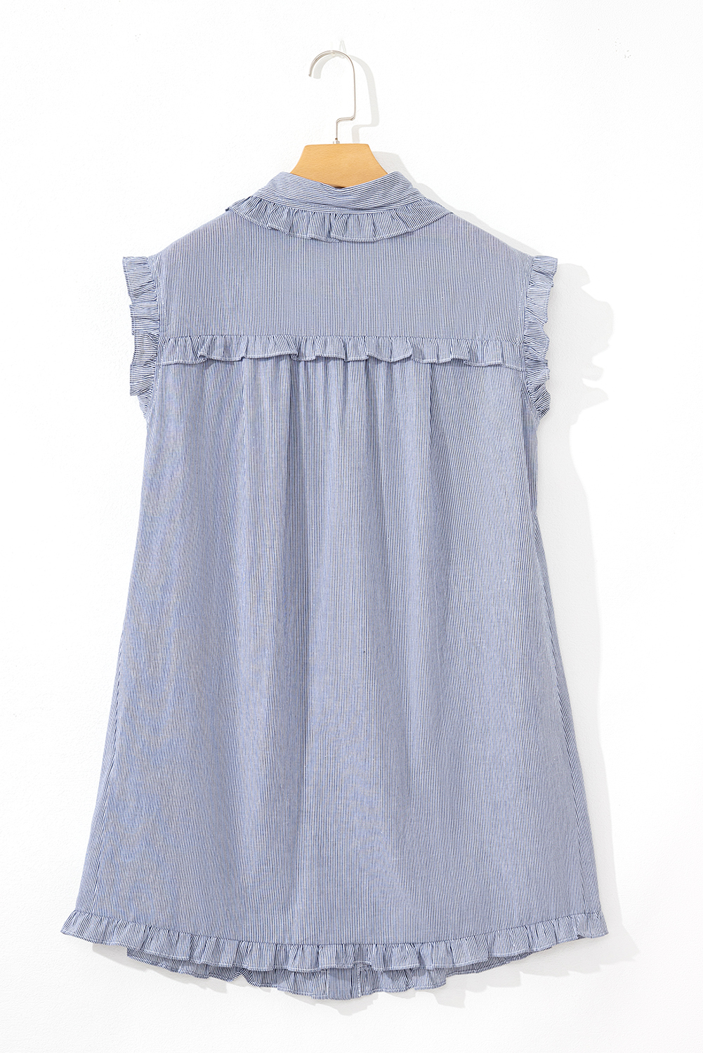 Green Stripe Frilled Sleeveless Collar Front Pocket Button Up Mini Dress - loveforevers