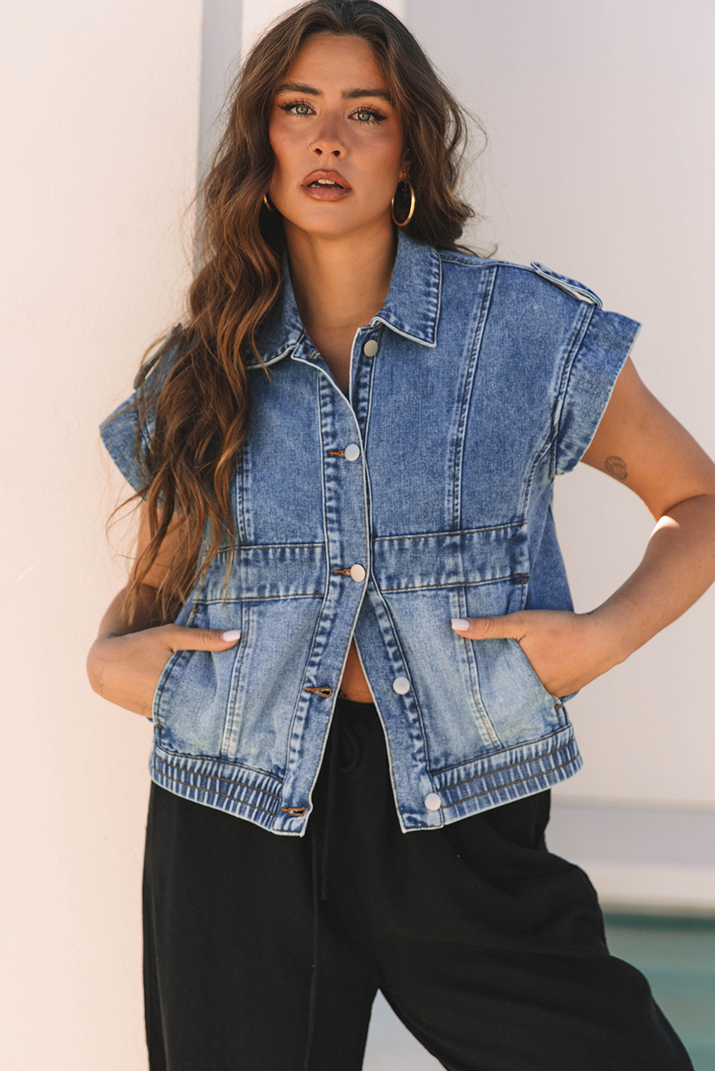 Ashleigh Blue Acid Wash Elastic Hem Button Up Denim Vest - loveforevers