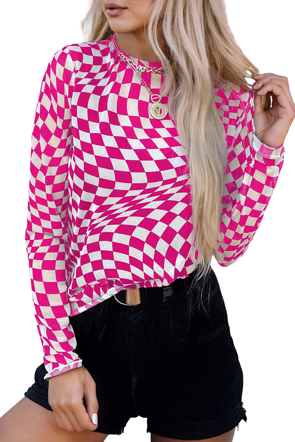 Khaki Checkered Pattern Mesh Mock Neck Long Sleeve Top - loveforevers