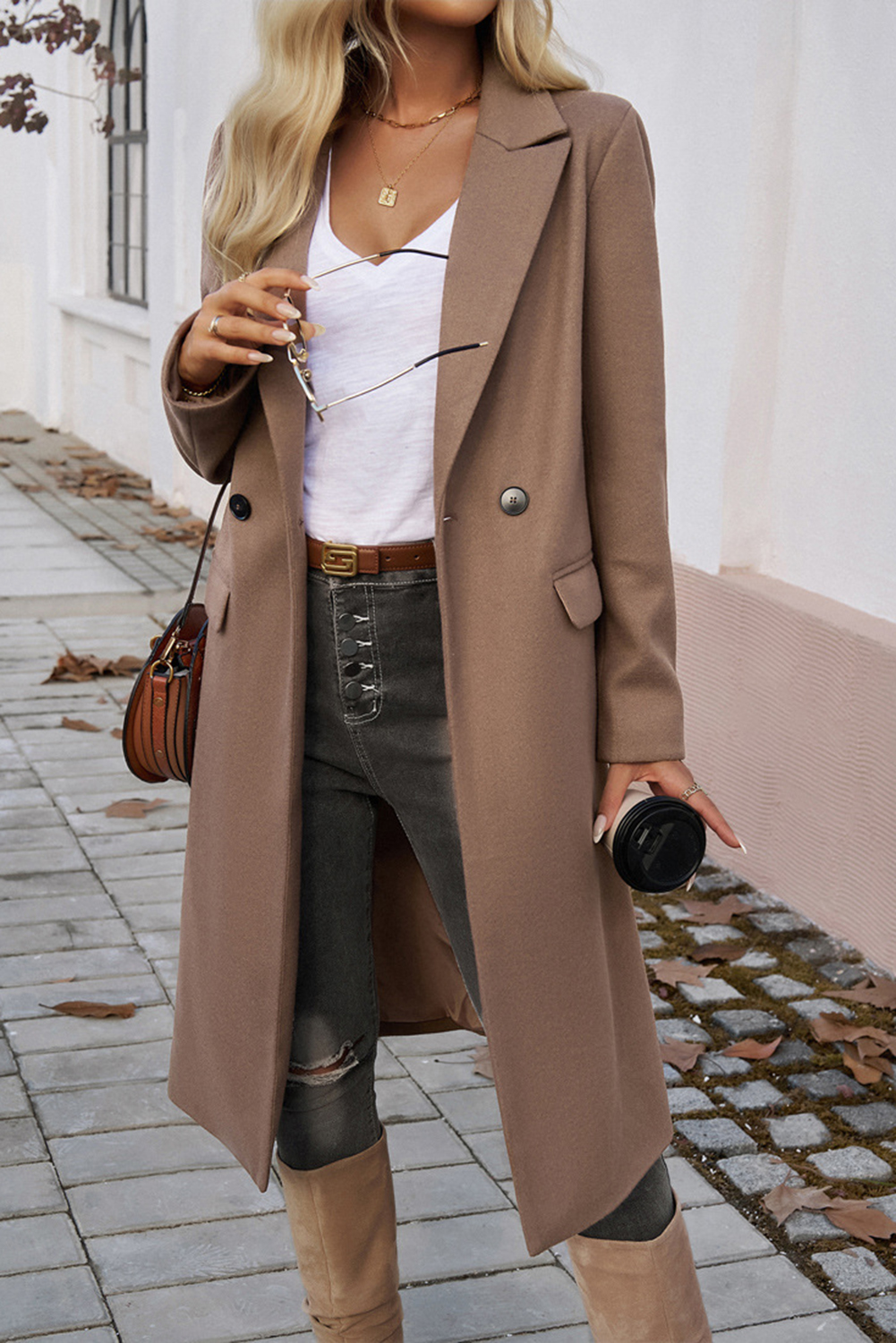 Dark Khaki Single Breasted Lapel Collar Flap Pocketed Overcoat - loveforevers
