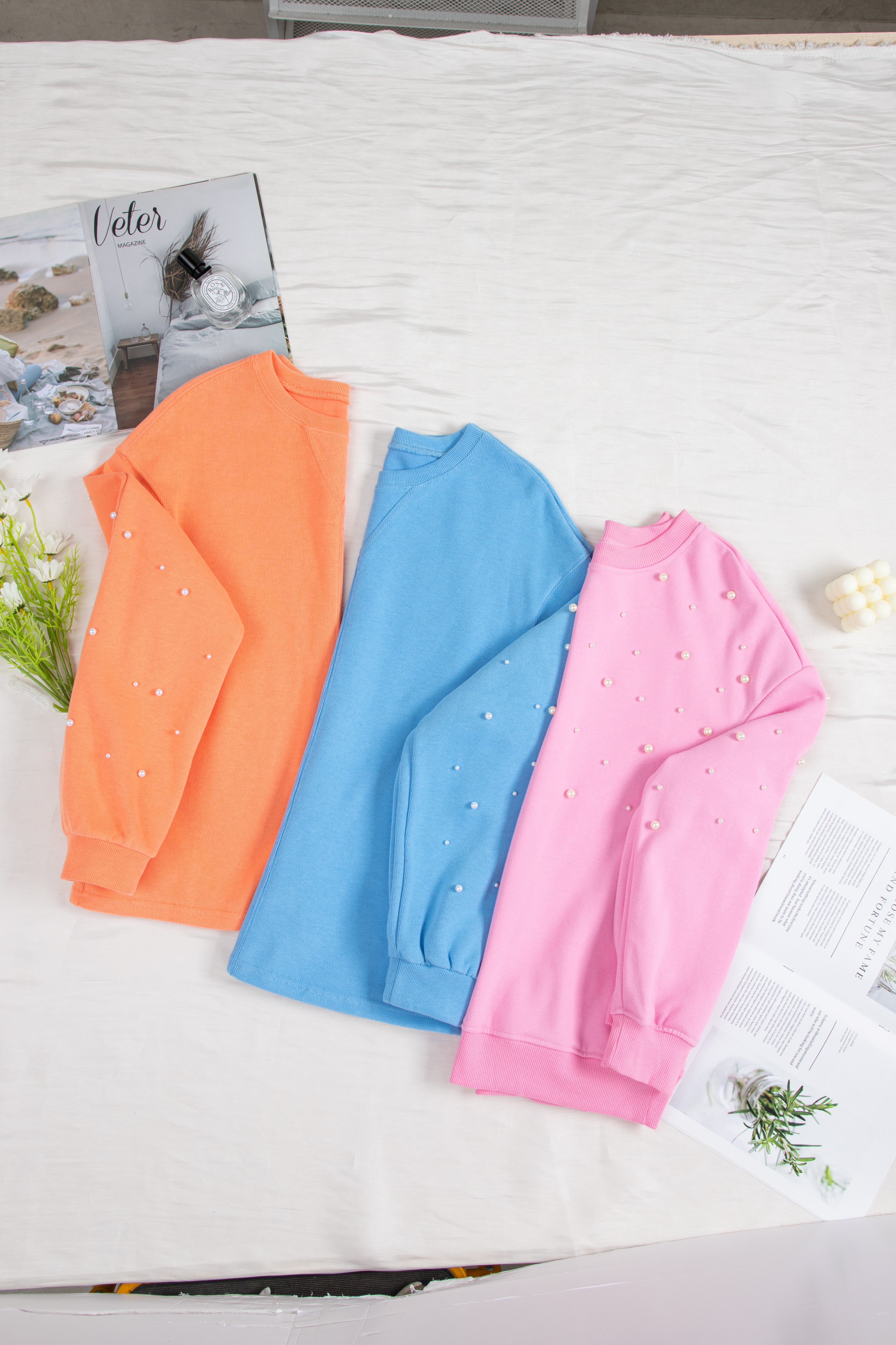 Myosotis Pearled Sleeves Drop Shoulder Round Neck Pullover Sweatshirt - loveforevers