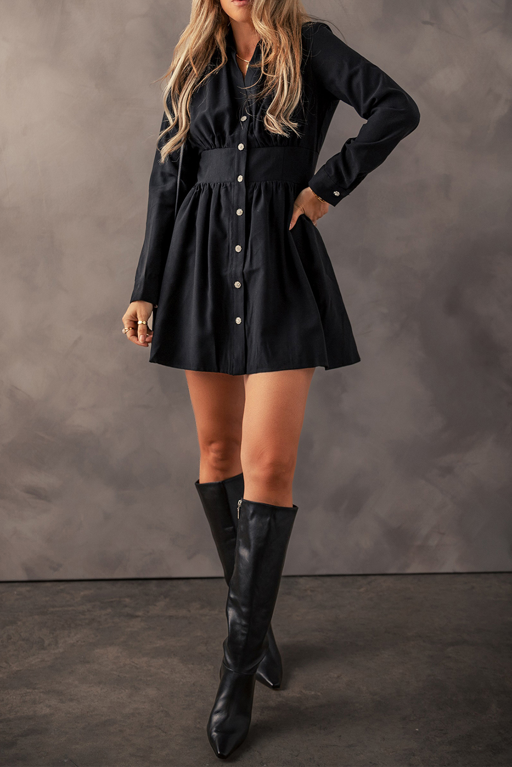 Black Elastic Cinched High Waist Long Sleeve Shirt Mini Dress - loveforevers