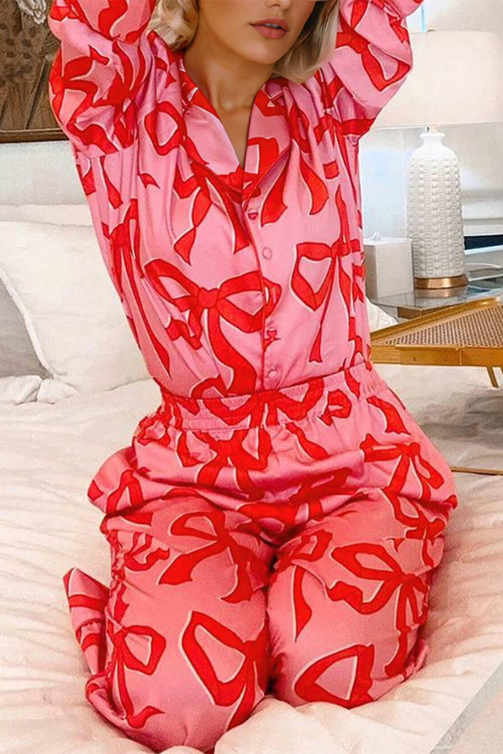 Pink 2pcs Bow Print Shirt Style Long Sleeve Pajama Set - loveforevers