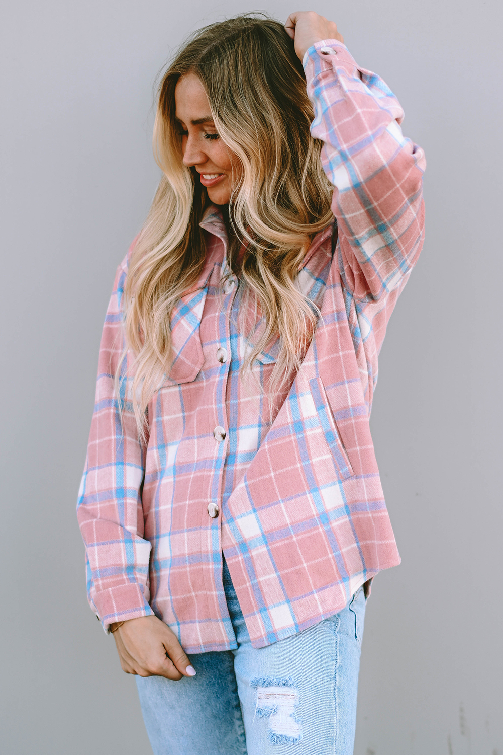 Pink Plaid Flap Pocket Flannel Shacket - loveforevers