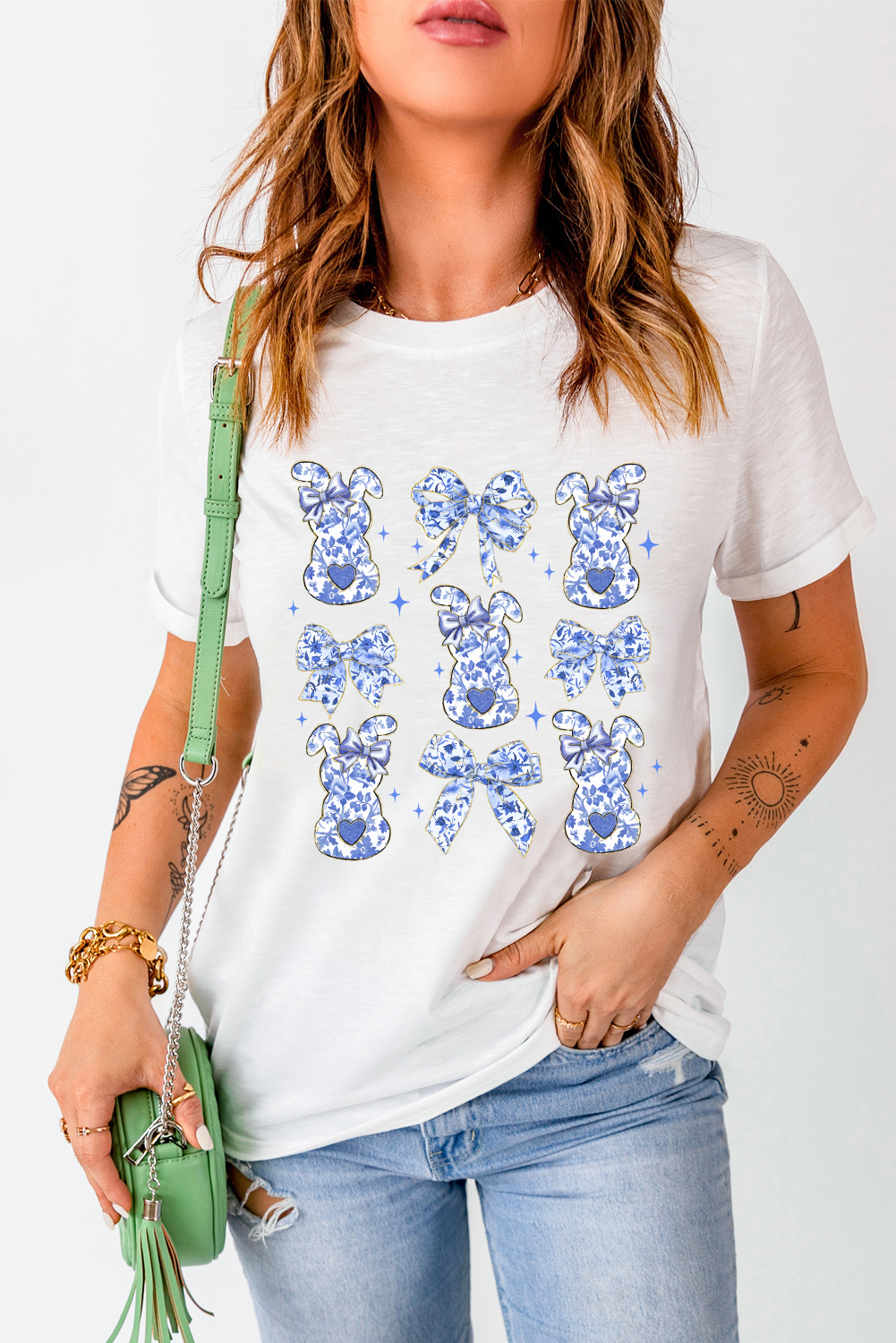 White Bowknot Bunny Graphic Easter Fashion T Shirt - loveforevers