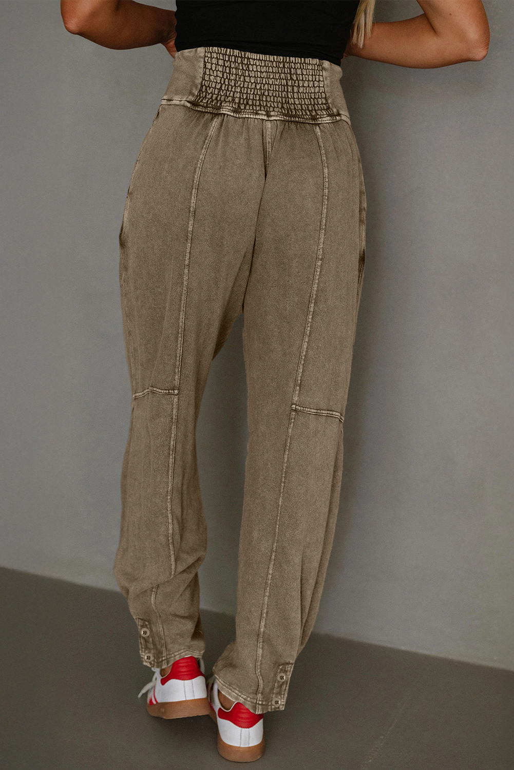 Medium Grey Mineral Wash Jogger Style High Waist Casual Pants - loveforevers