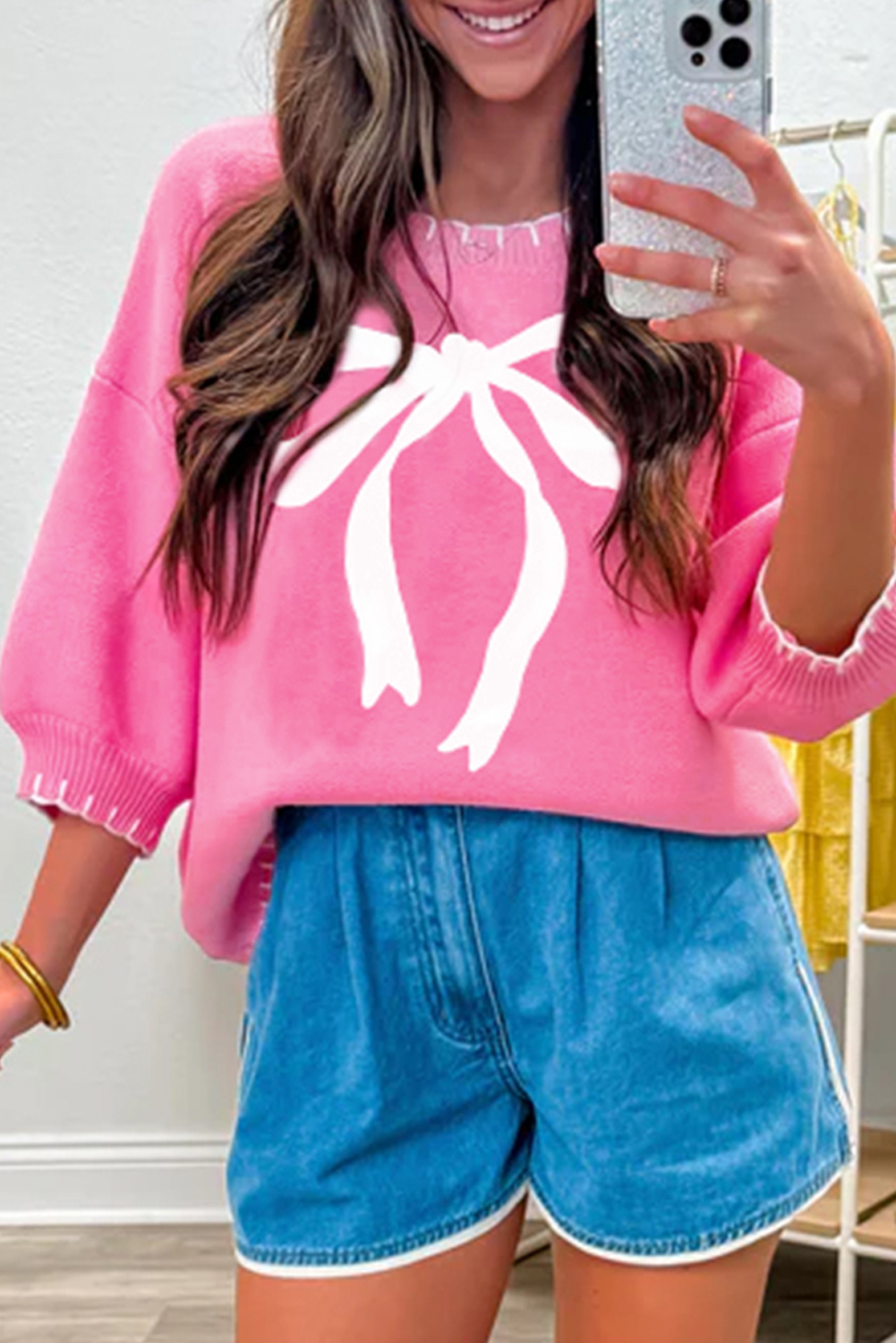 Sachet Pink Big Ribbon Bow Print Contrast Stitch Trim Drop Shoulder Sweater - loveforevers