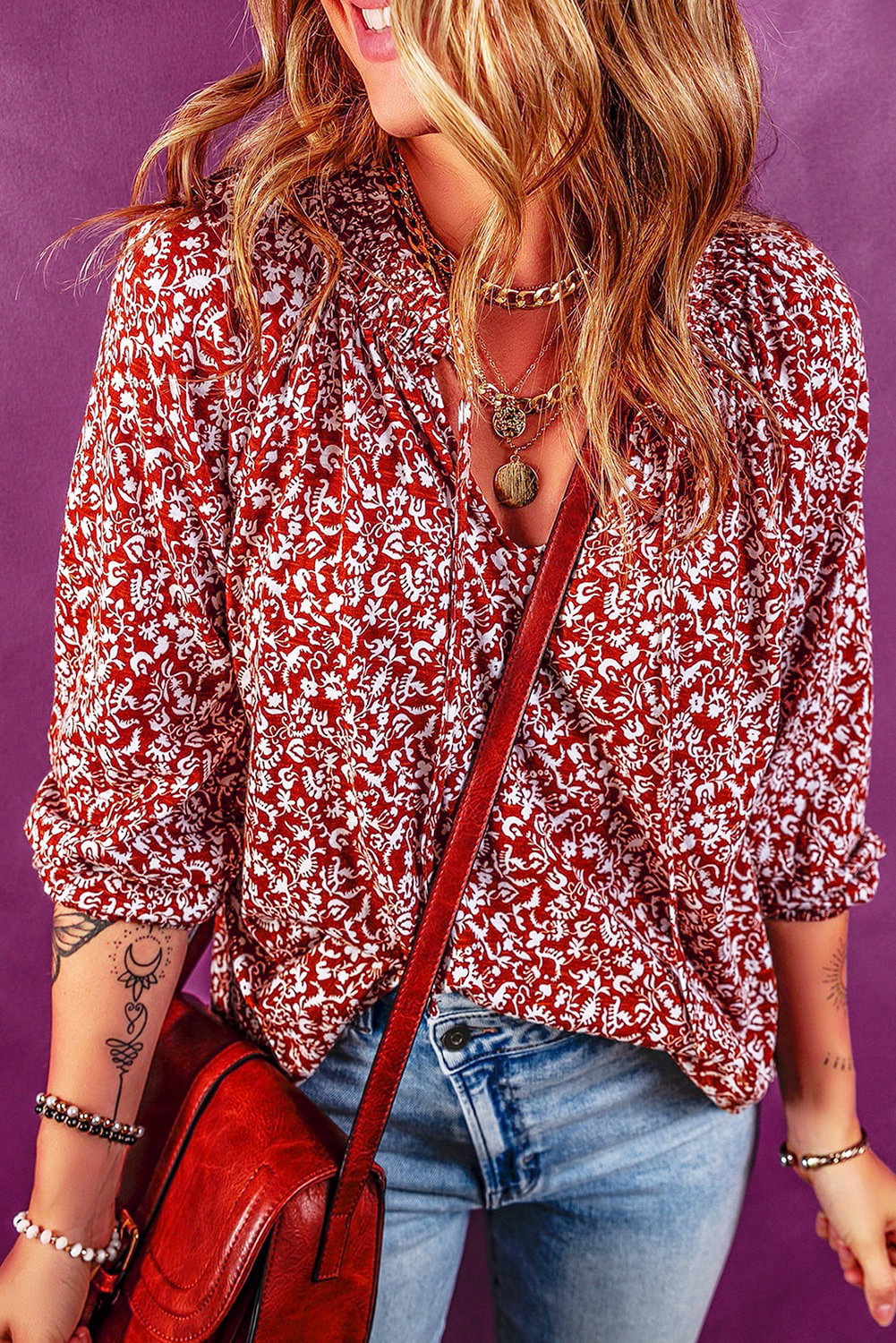 Burgundy Floral Print Smocked Tie Neck Blouse - loveforevers