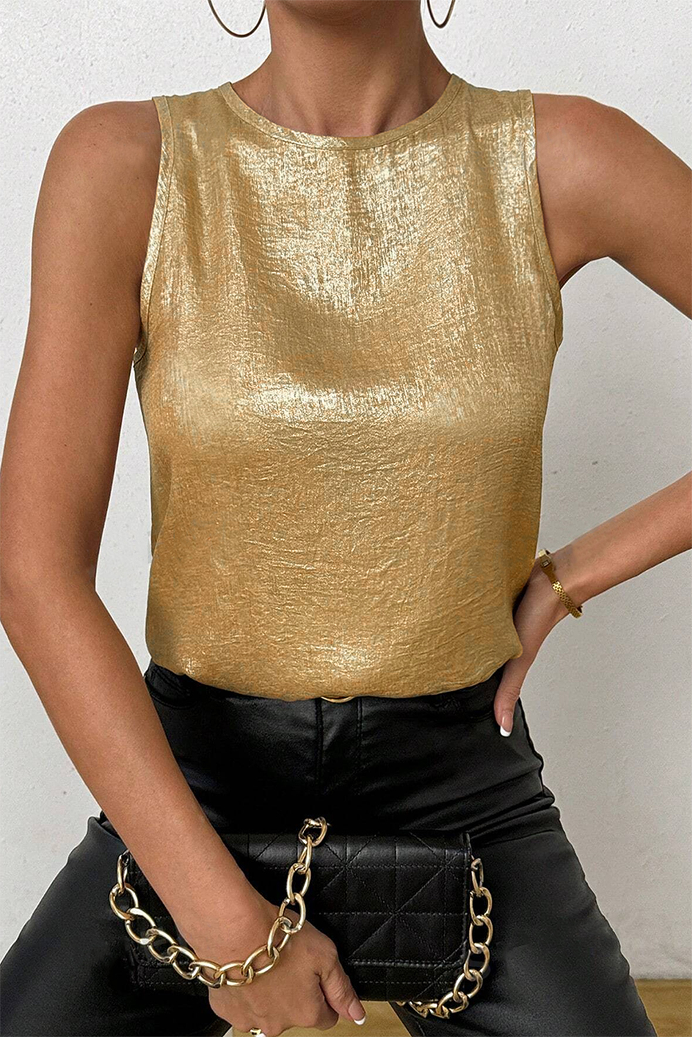Gold Metal Textured Round Neck Casual Tank Top - loveforevers