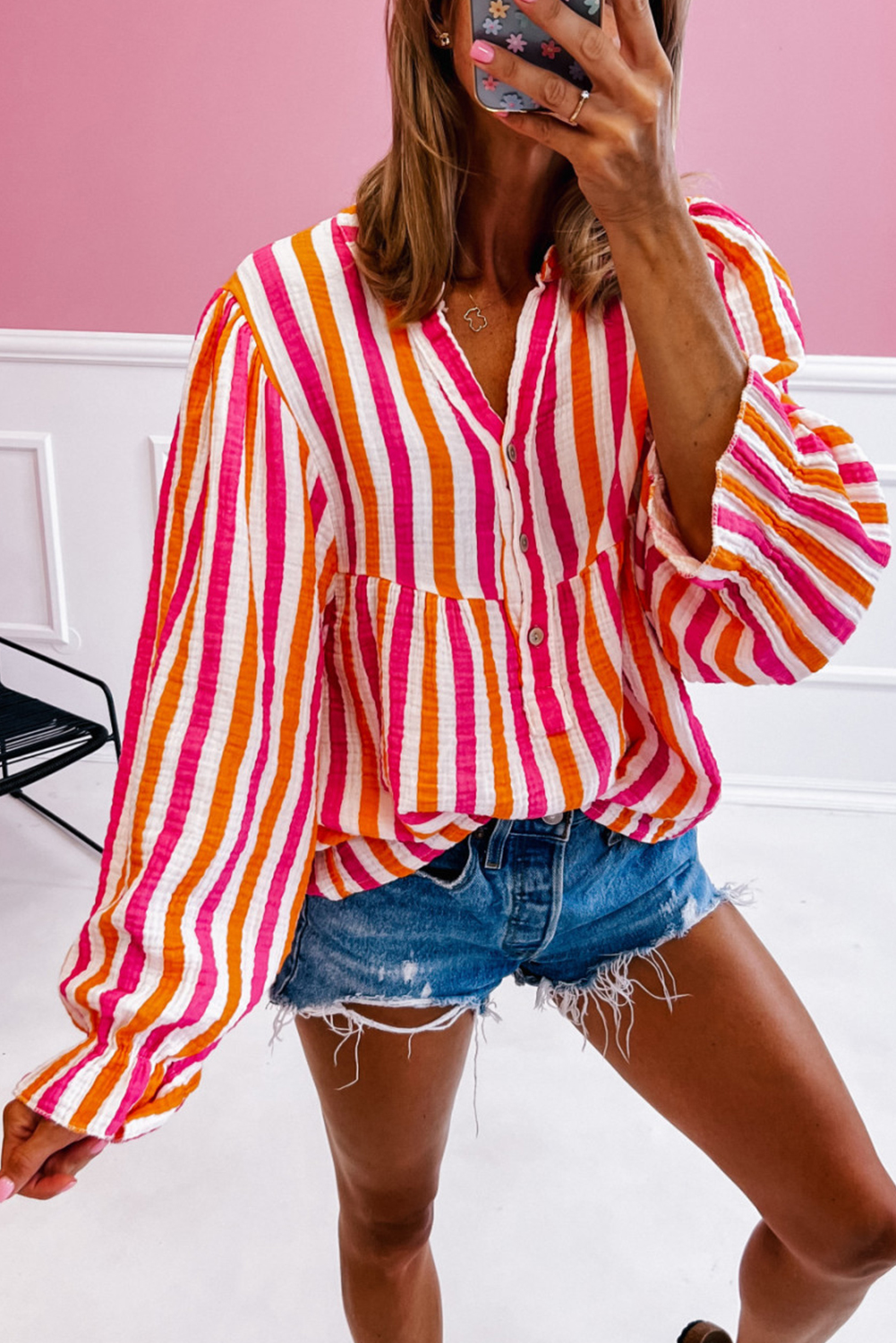 Orange Stripe Balloon Sleeve Notched V Neck Buttoned Front Blouse - loveforevers