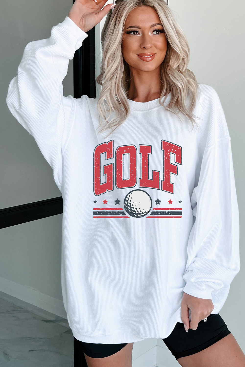 White GOLF Ball Print Ribbed Drop Shoulder Baggy Sweatshirt - loveforevers