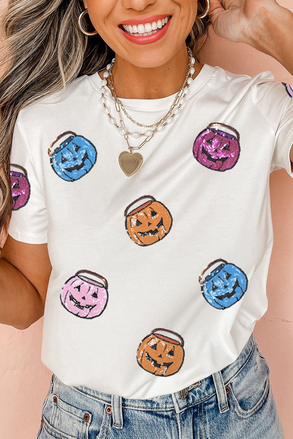 White Sequin Pumpkin Face Patched Crew Neck Holiday T Shirt - loveforevers