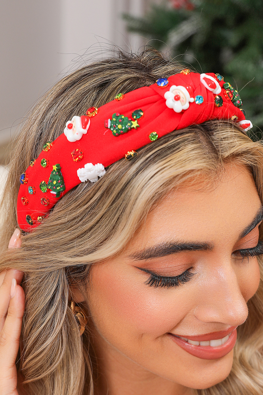 Fiery Red Cartoon Christmas Pattern Rhinestone Knotted Headband - loveforevers