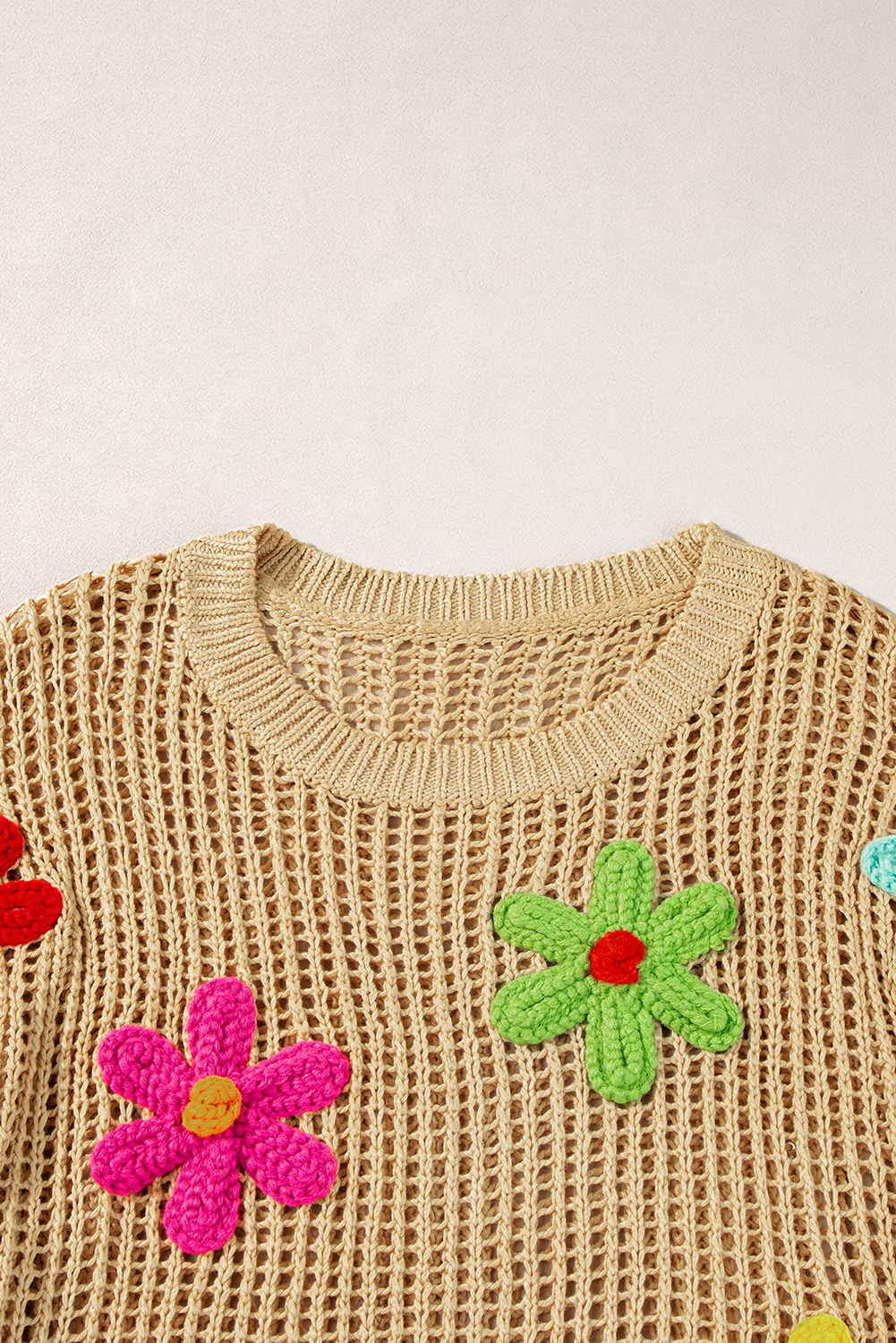 Light French Beige Crochet Flower Hollow-out Sweater T Shirt - loveforevers
