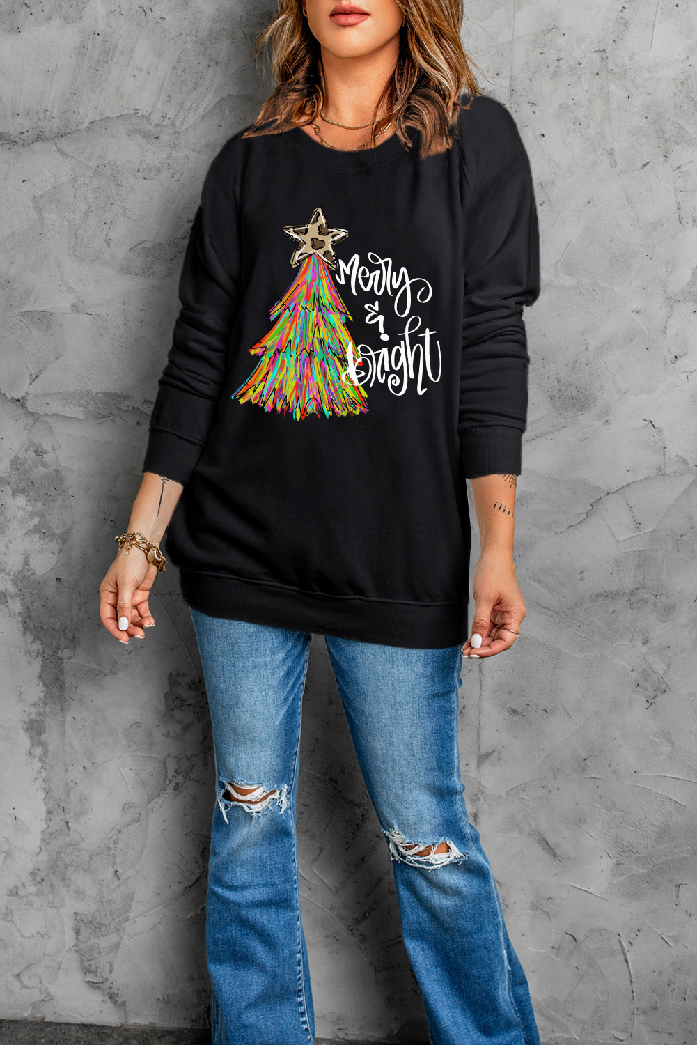 Black Merry & Bright Christmas Tree Graphic Sweatshirt - loveforevers