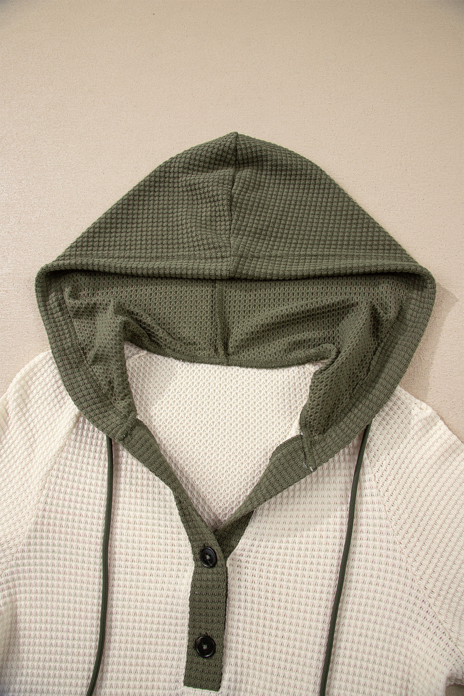 Coffee Waffle Contrast Half Buttoned Hooded Pullover Top - loveforevers