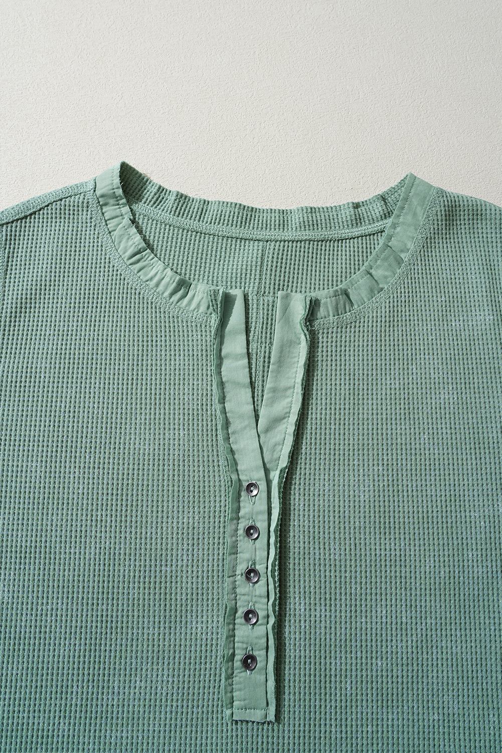 Smoke Green Acid Wash Waffle Knit Buttoned Neckline Long Sleeve Top - loveforevers