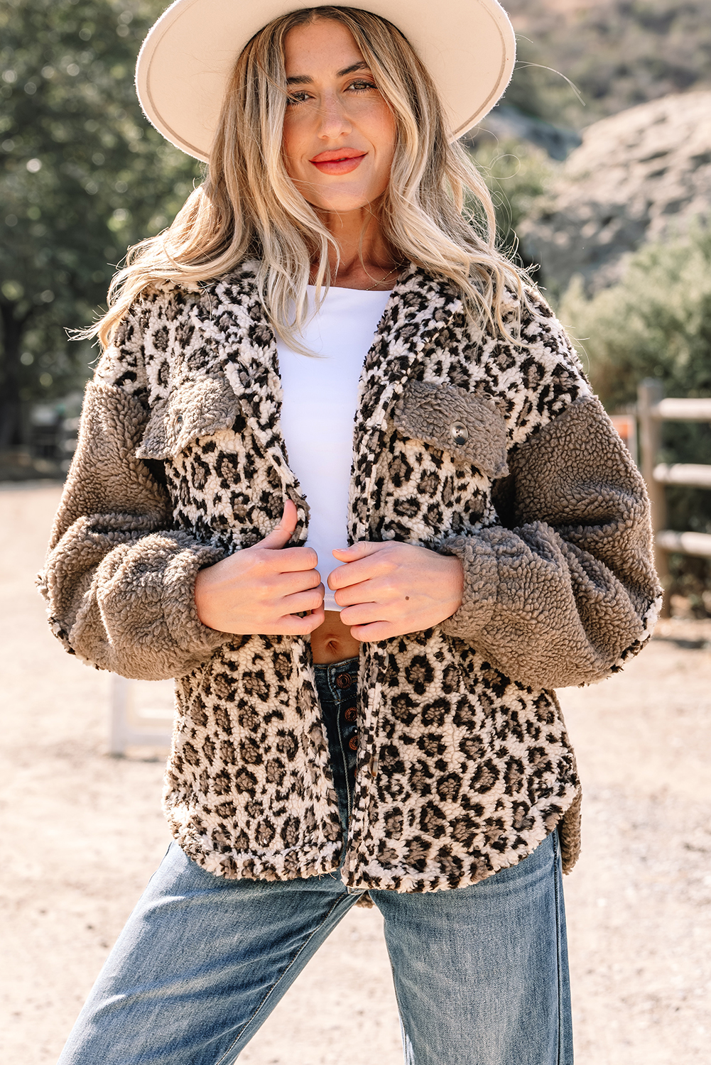 Brown Sherpa Leopard Print Flap Pocket Collared Button Up Jacket - loveforevers