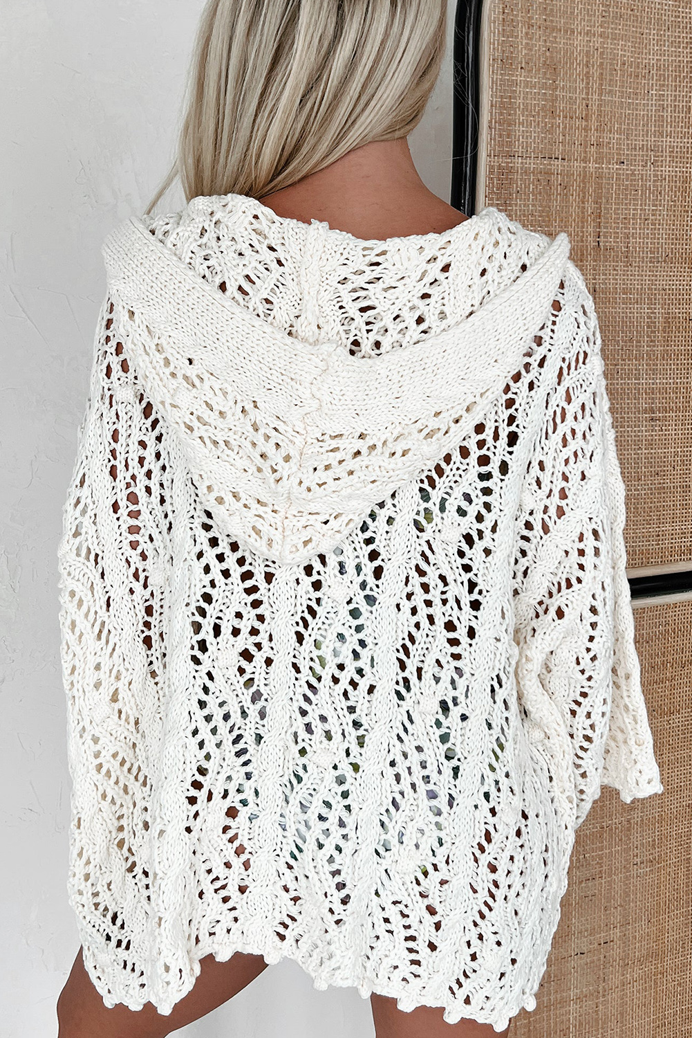 White Fashion Open Knit Hooded Beach Cover Up - loveforevers