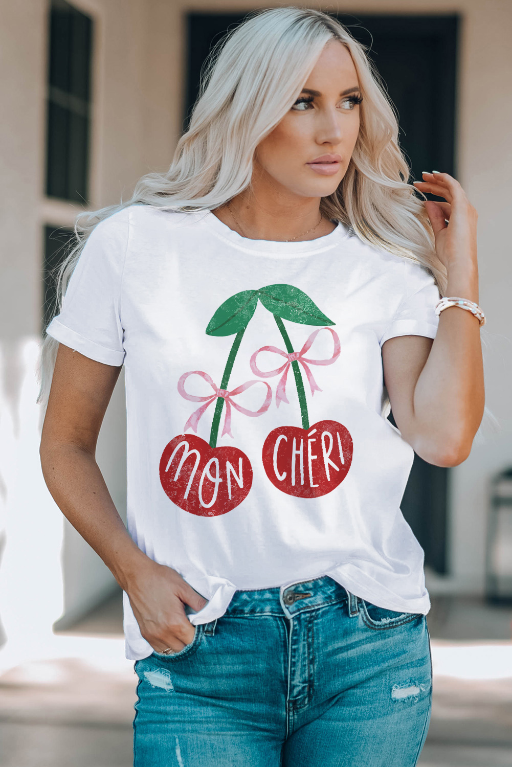 Pink Bow Cherry Print Crew Neck Casual T Shirt - loveforevers