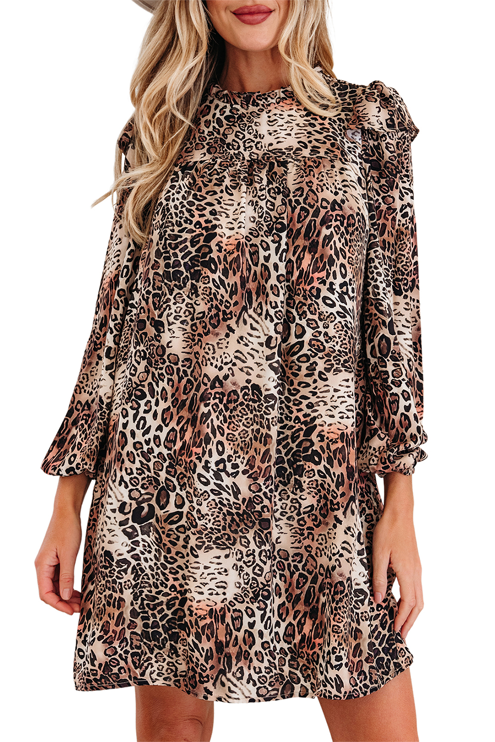 Brown Leopard Ruffled Detail Long Sleeve Loose Mini Dress - loveforevers