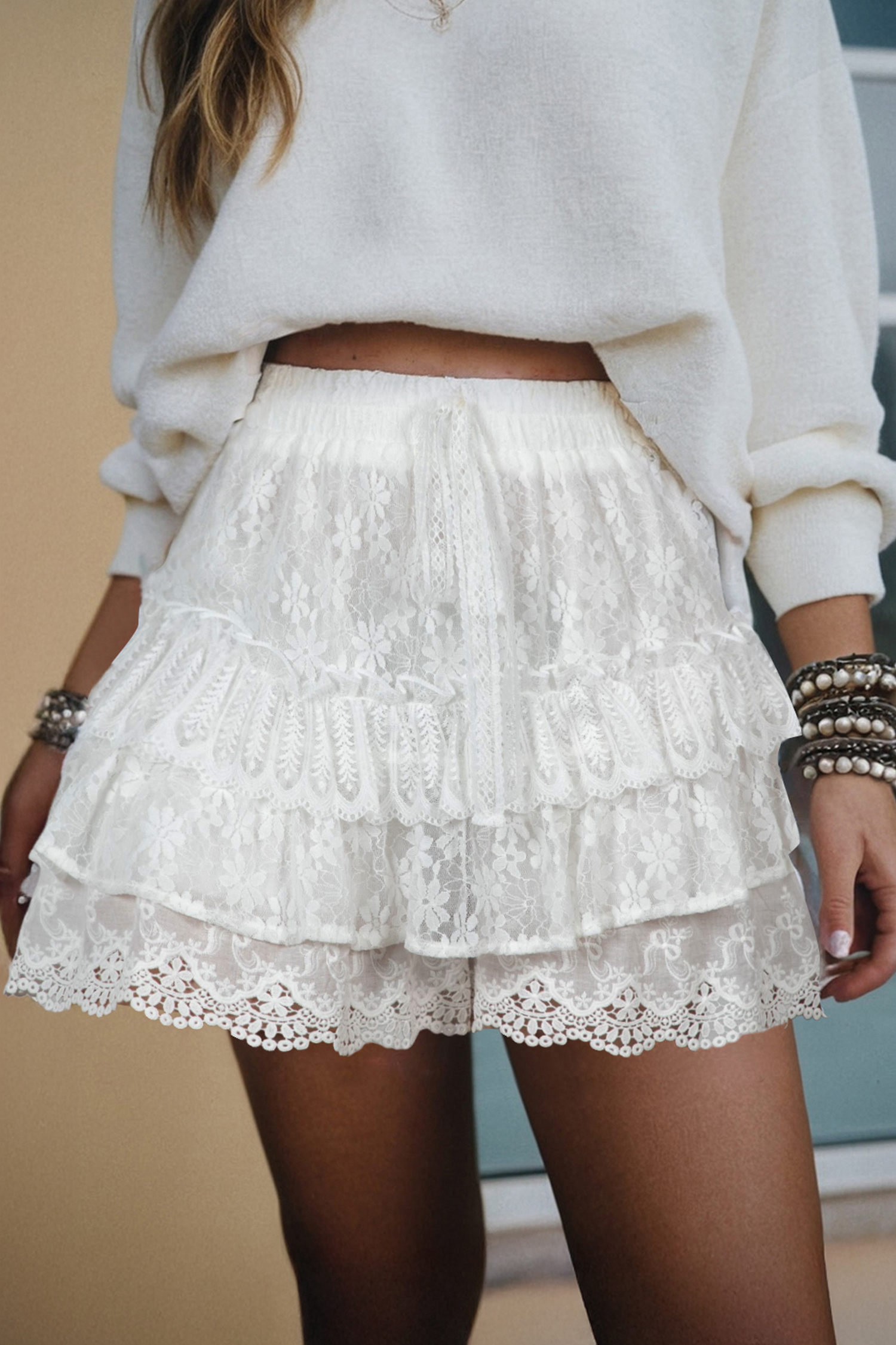White Lace Ruffle Tiered Drawstring Elastic Waist Sweet Shorts - loveforevers