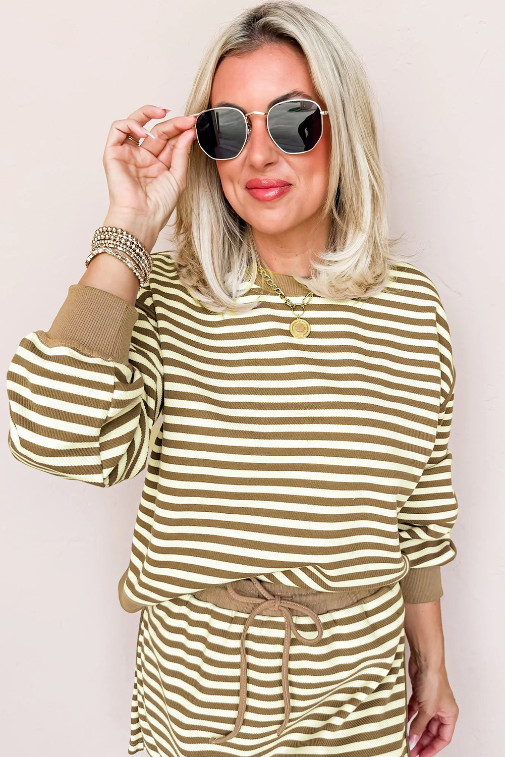 Black Stripe Textured Drop Shoulder Pullover Top Drawstring Mini Skort Two Piece Dress Set - loveforevers