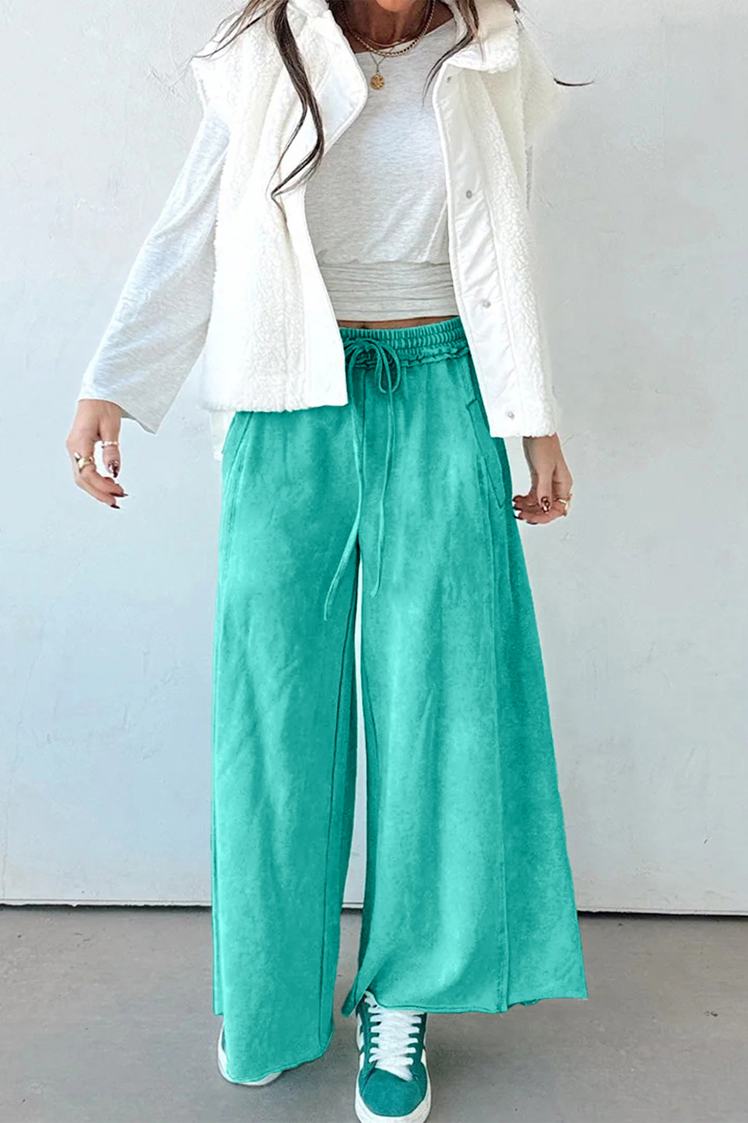 Sea Green Mineral Wash Drawstring Elastic Waist Raw Hem Loose Pants - loveforevers