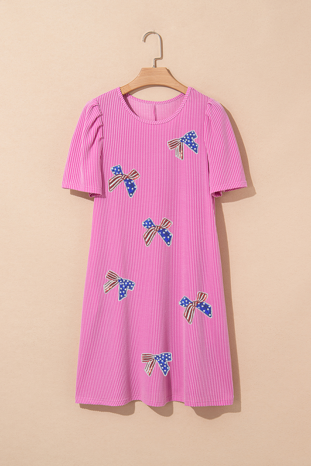 Bright Pink Flag Pattern Inspired Sequin Bow Spiral Ribbed Puff Sleeve T Shirt Dress - loveforevers