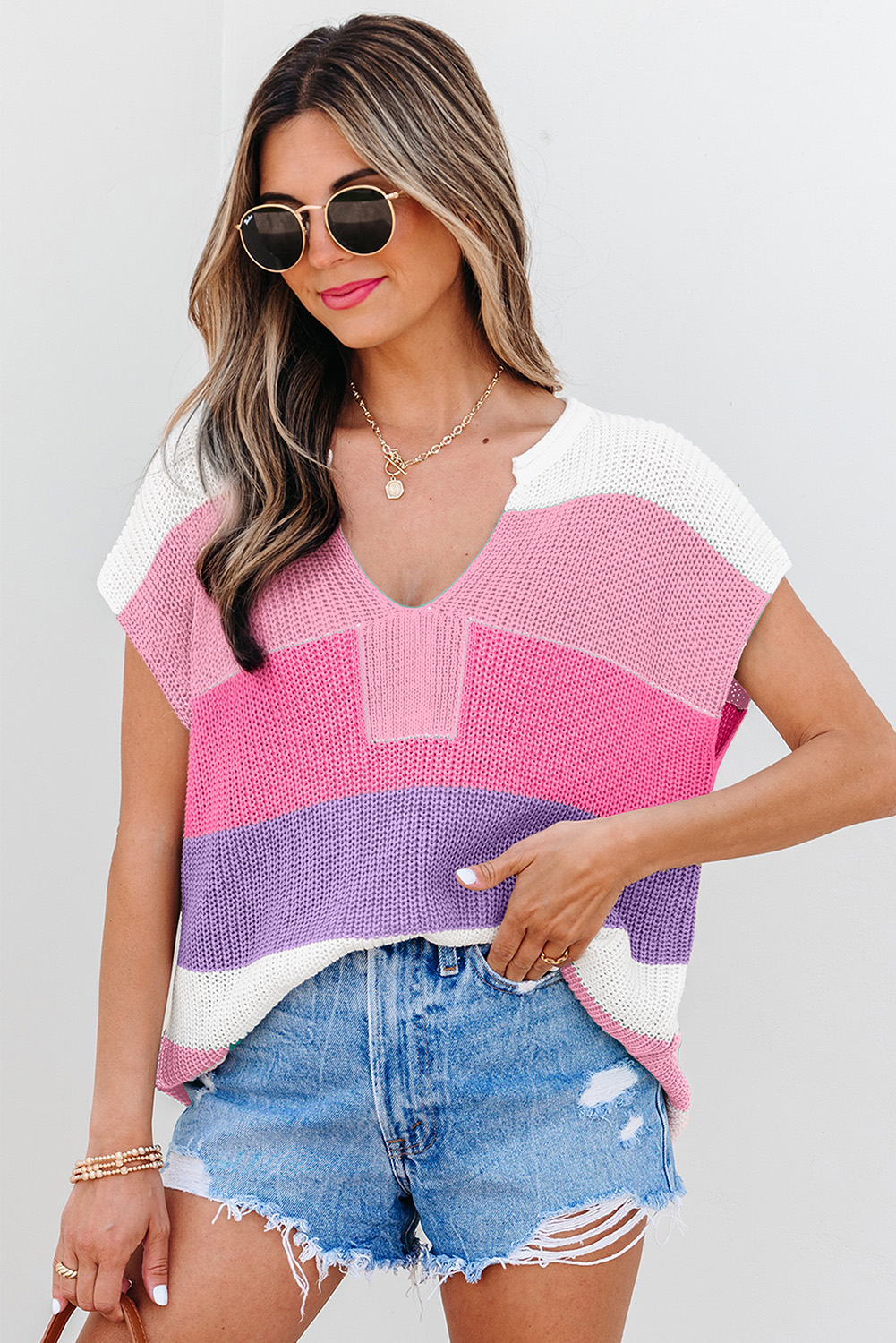 Pink Color Block Notch V Neck Sweater T Shirt - loveforevers