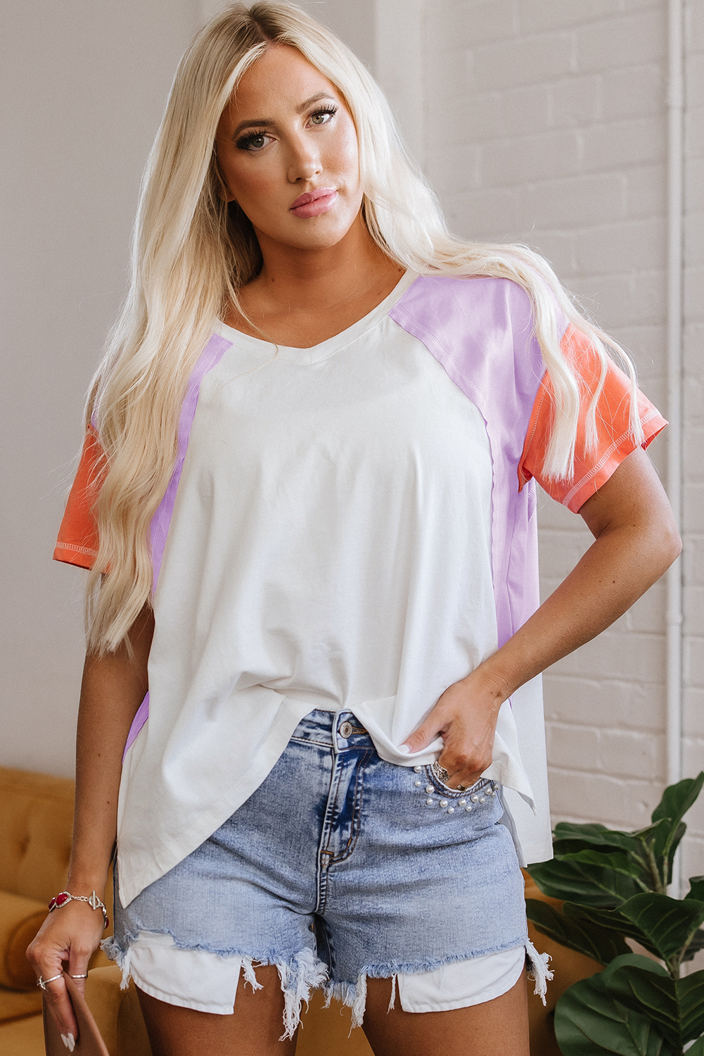 Beige Colorblock Patchwork V Neck Exposed Seam High Low T Shirt - loveforevers