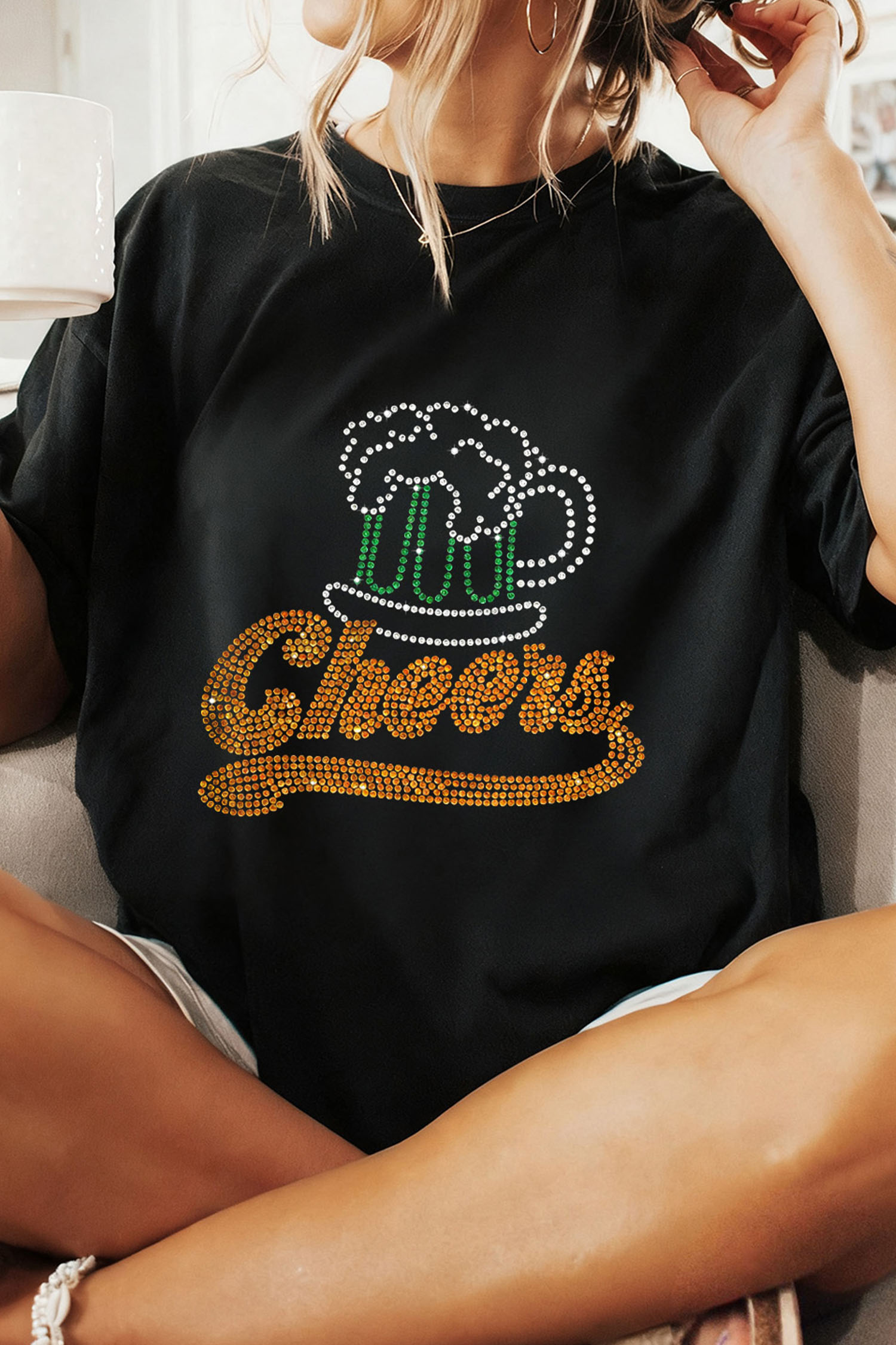 Black Cheers Rhinestone Graphic T Shirt - loveforevers