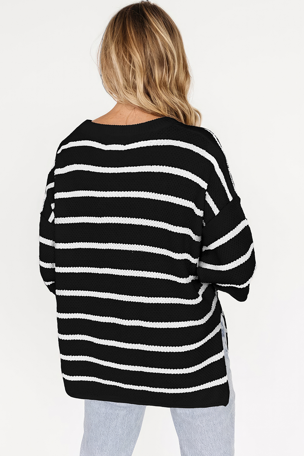 Black Stripe Henley Buttoned Placket Drop Shoulder Bracelet Sleeve Knit Sweater Tee - loveforevers