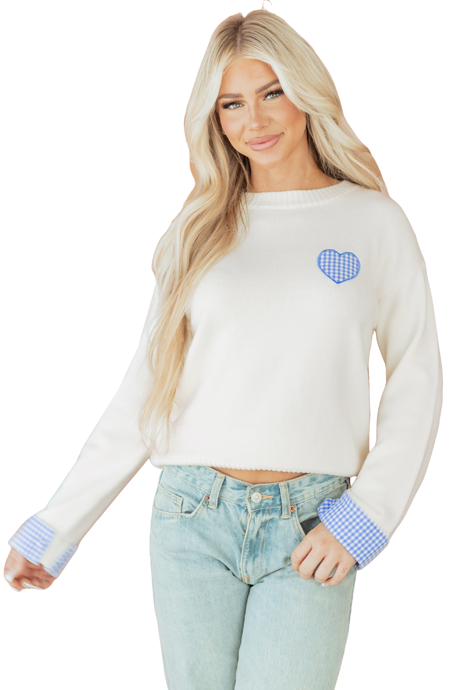 Light Pink Plaid Heart Embroidered Cuffed Drop Shoulder Crew Neck Sweater - loveforevers