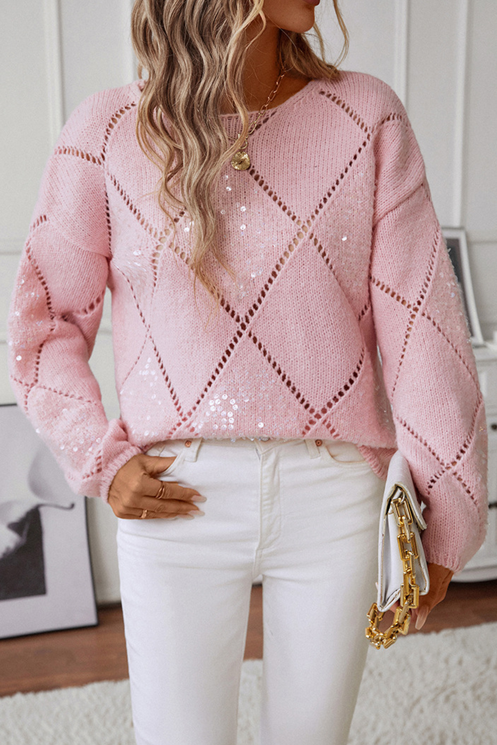Dusk Blue Hollowed Rhombus Pattern Sequin Detail Round Neck Sweater - loveforevers