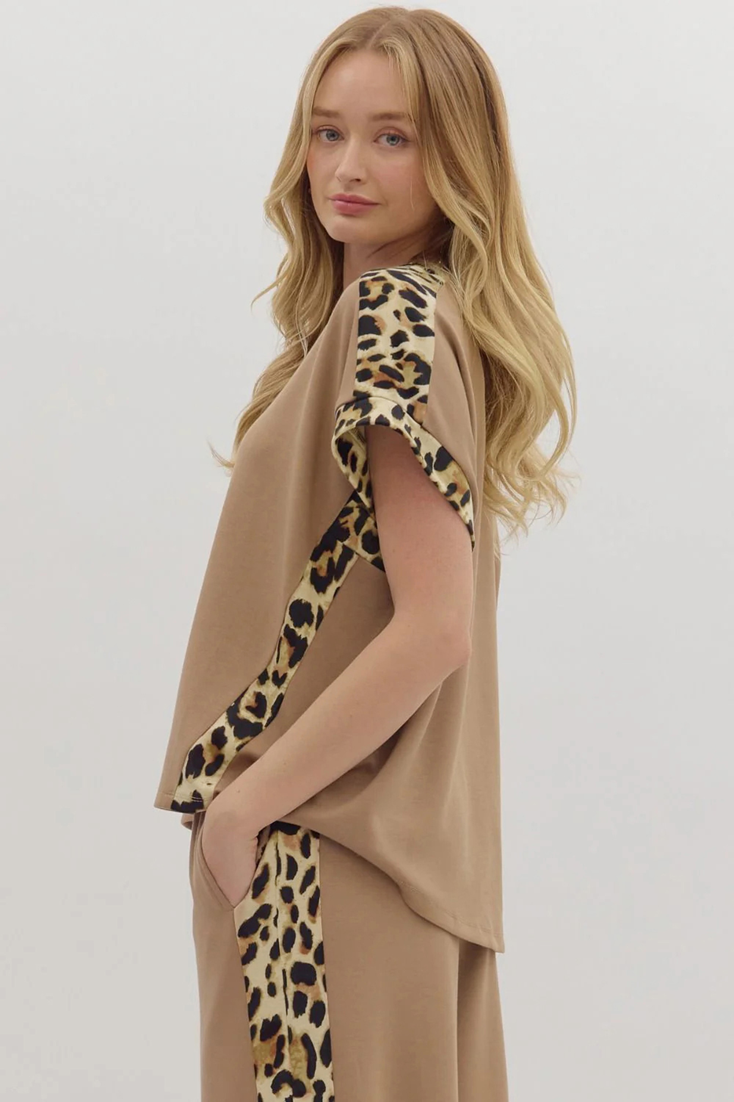 Sea Green Leopard Trim Round Neck Loose T Shirt - loveforevers
