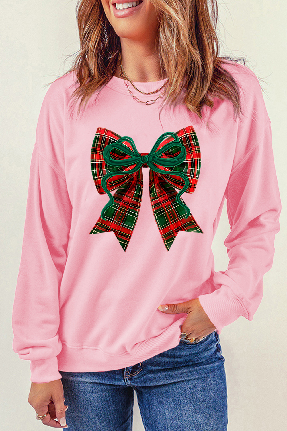 Pink Plaid Bow Christmas Vibe Print Sweatshirt - loveforevers
