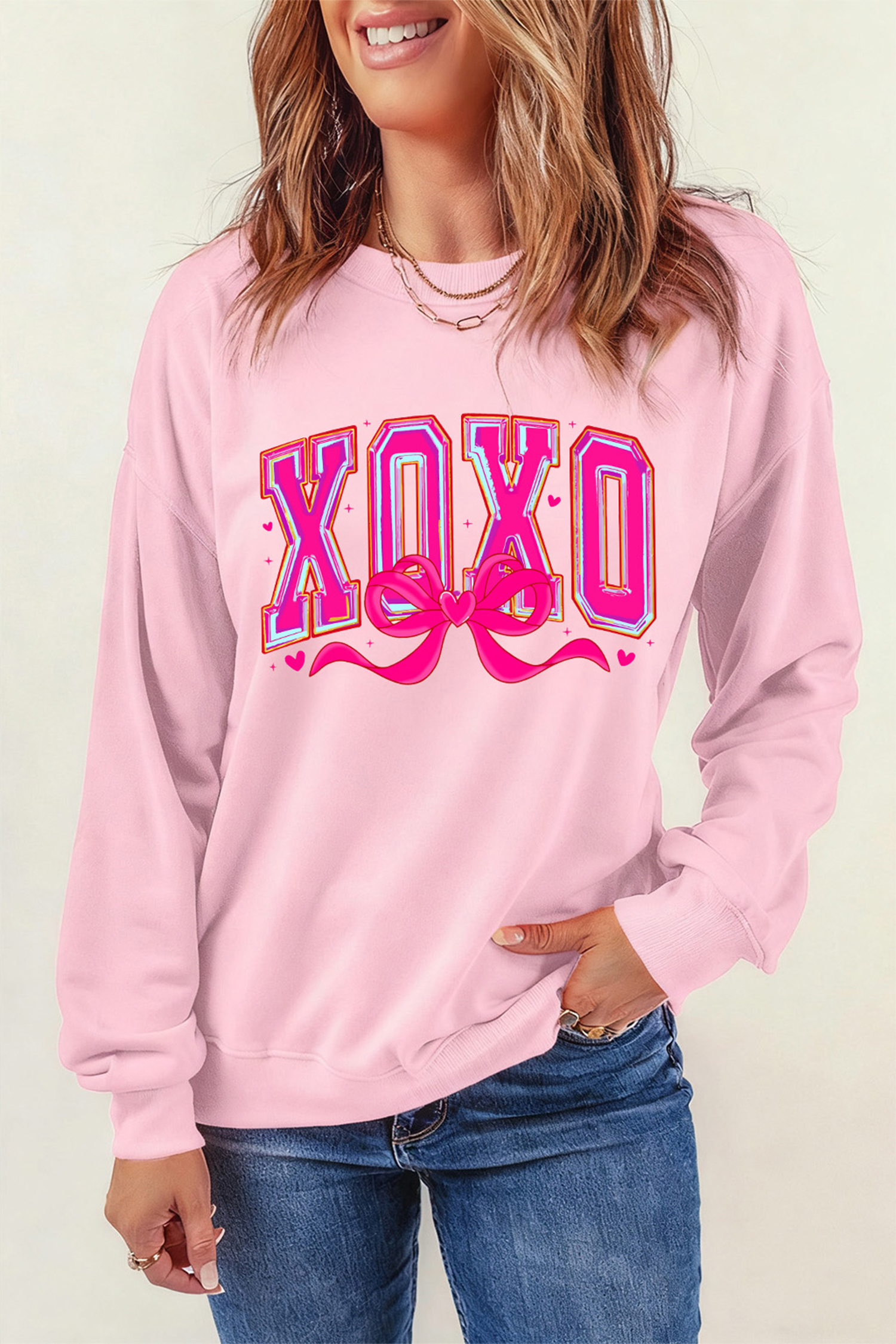 Pink XOXO Valentines Day Heart Ribbon Bow Printed Pullover Sweatshirt - loveforevers