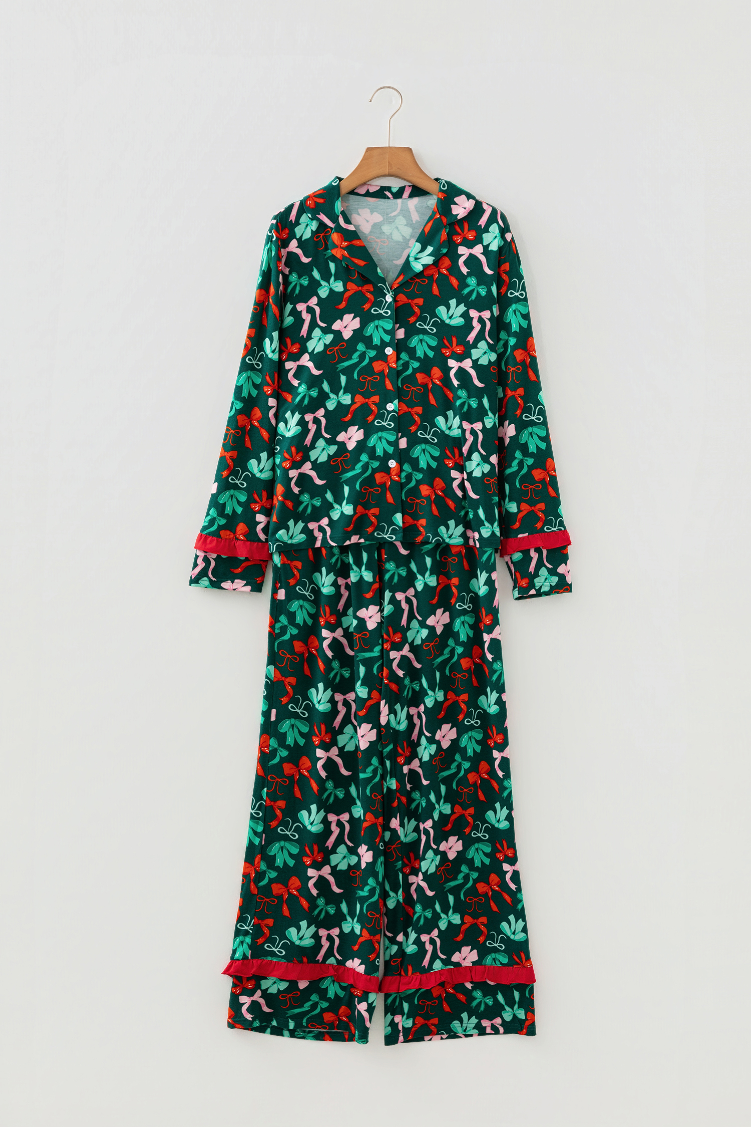 Green Festive Bow Print 2pcs Pajama Pant Set - loveforevers