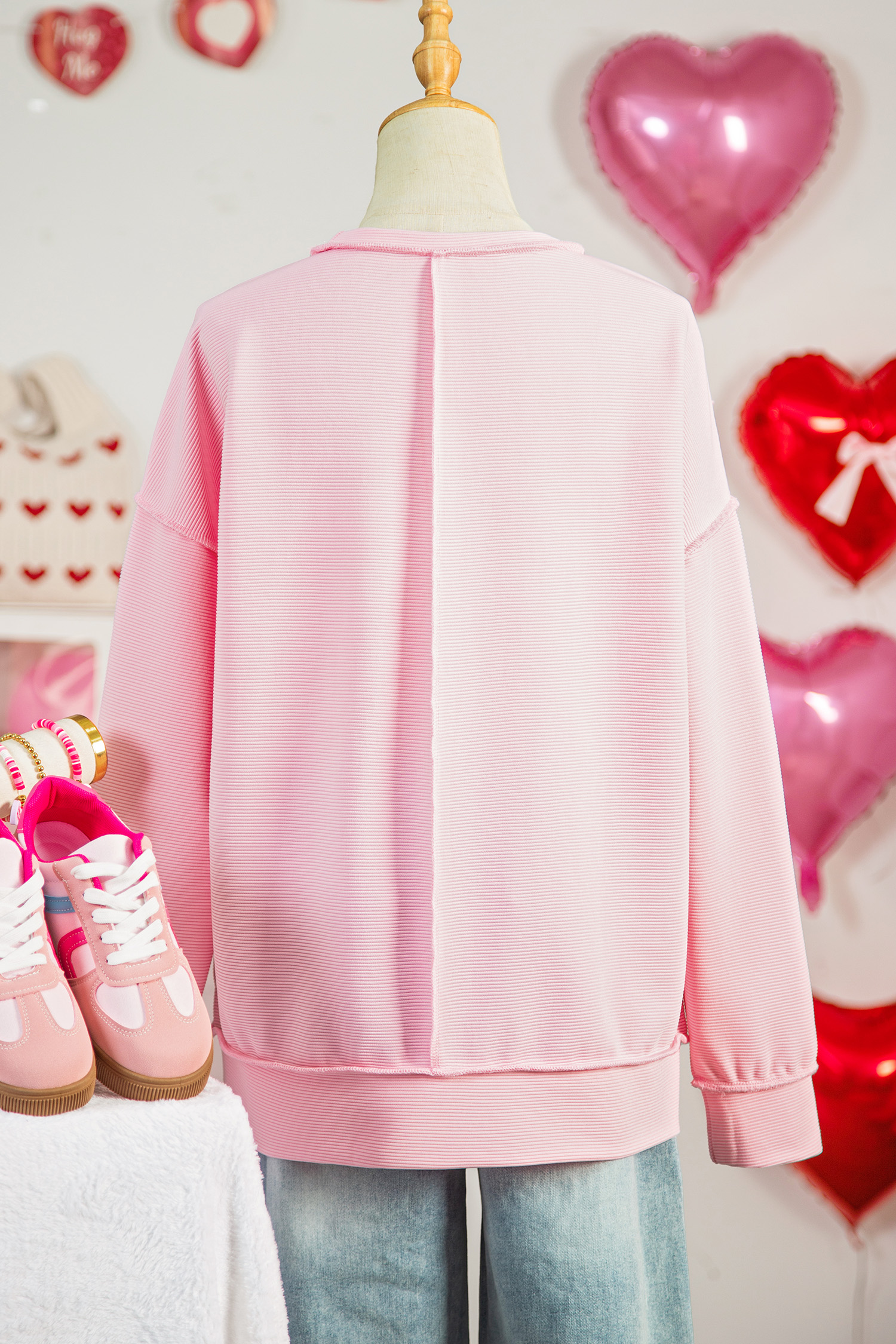 Pink you are so loved Valentines Day Bow Embroidered Graphic Pullover Top - loveforevers