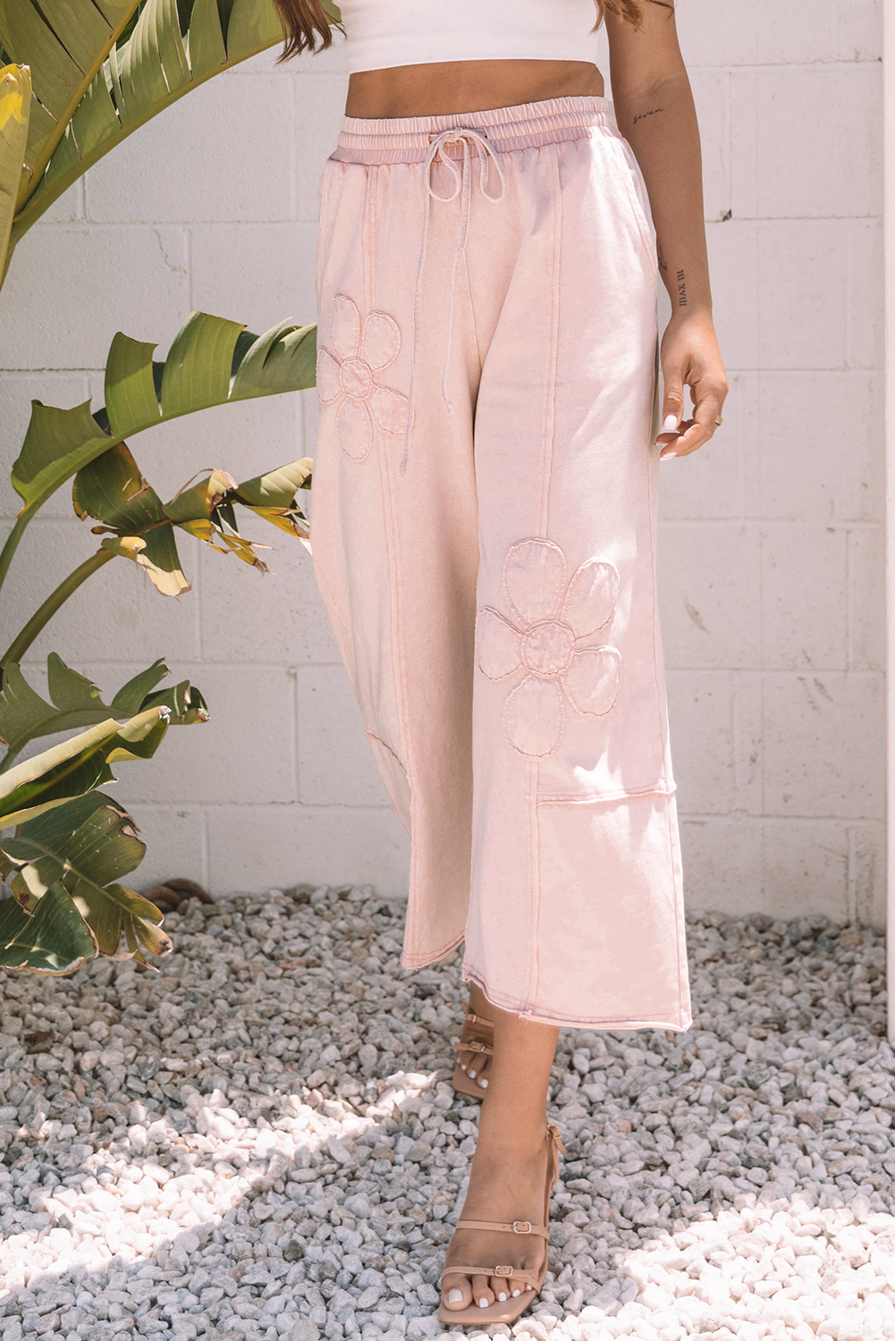 Pink Flower Patch Mineral Washed Terry Knit Cropped Wide Leg Pants - loveforevers