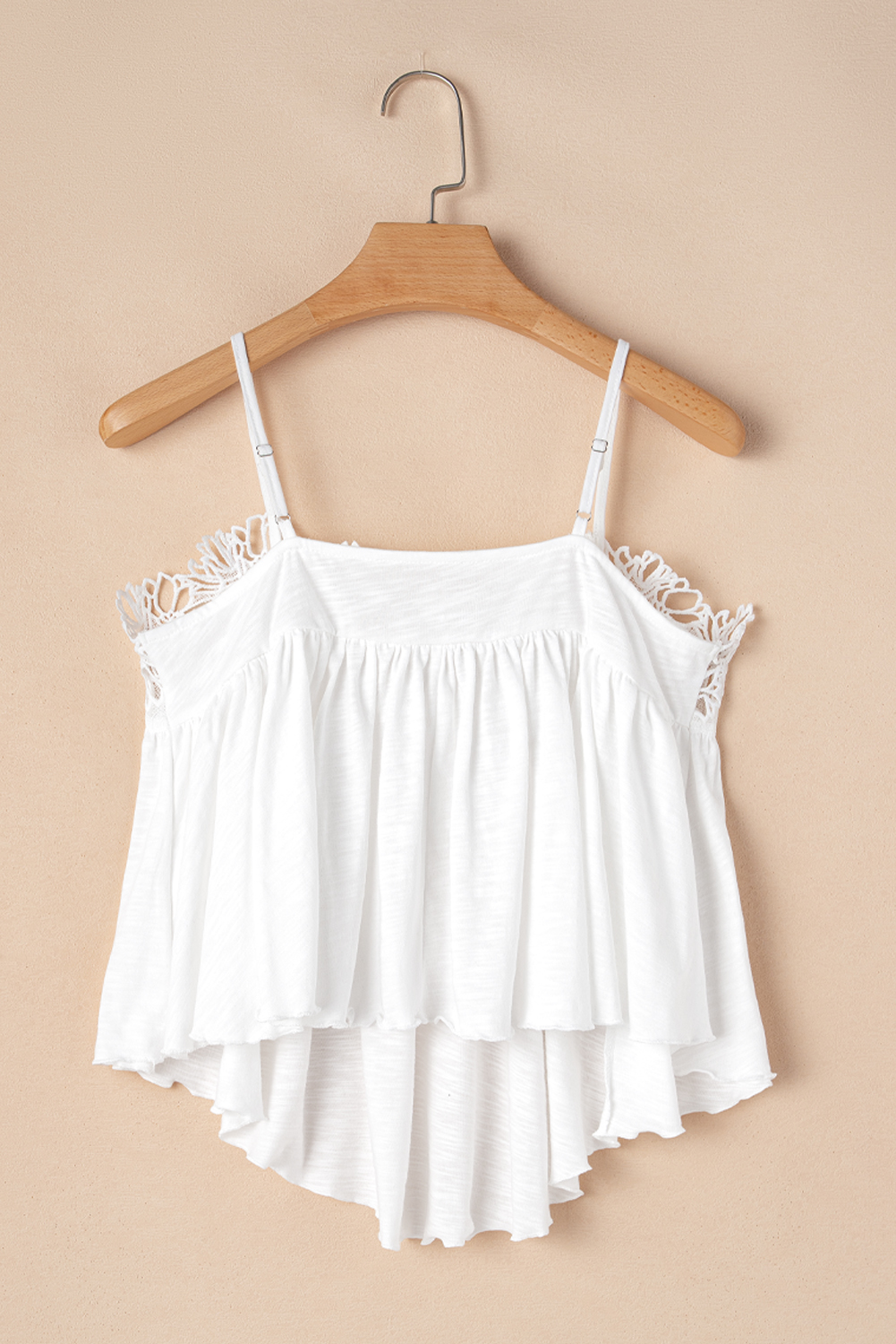 White Lace Splicing Spaghetti Straps Ruffle Flared Tank Top - loveforevers