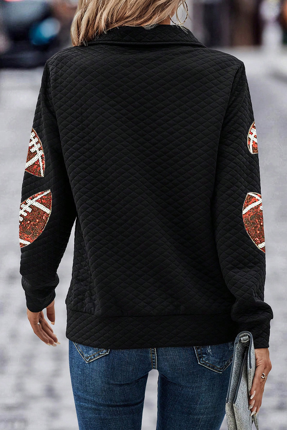 Black Sequin Rugby Football Patched Quarter Zip Textured Sweatshirt - loveforevers