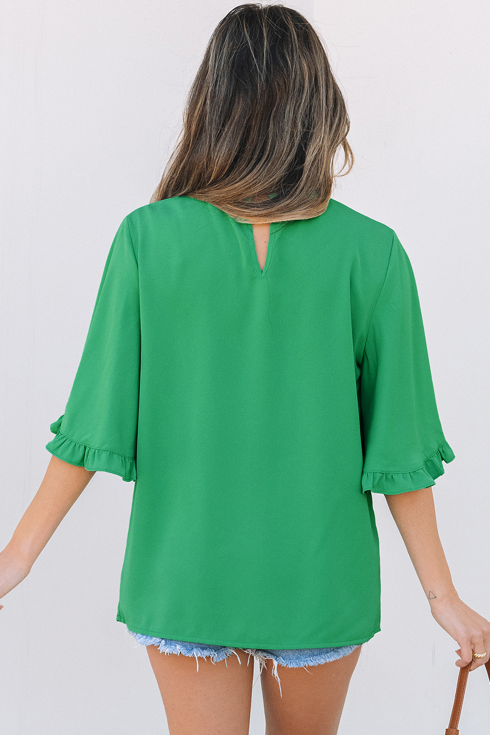 Green Frilly Round Neck Wide Half Sleeve Blouse - loveforevers