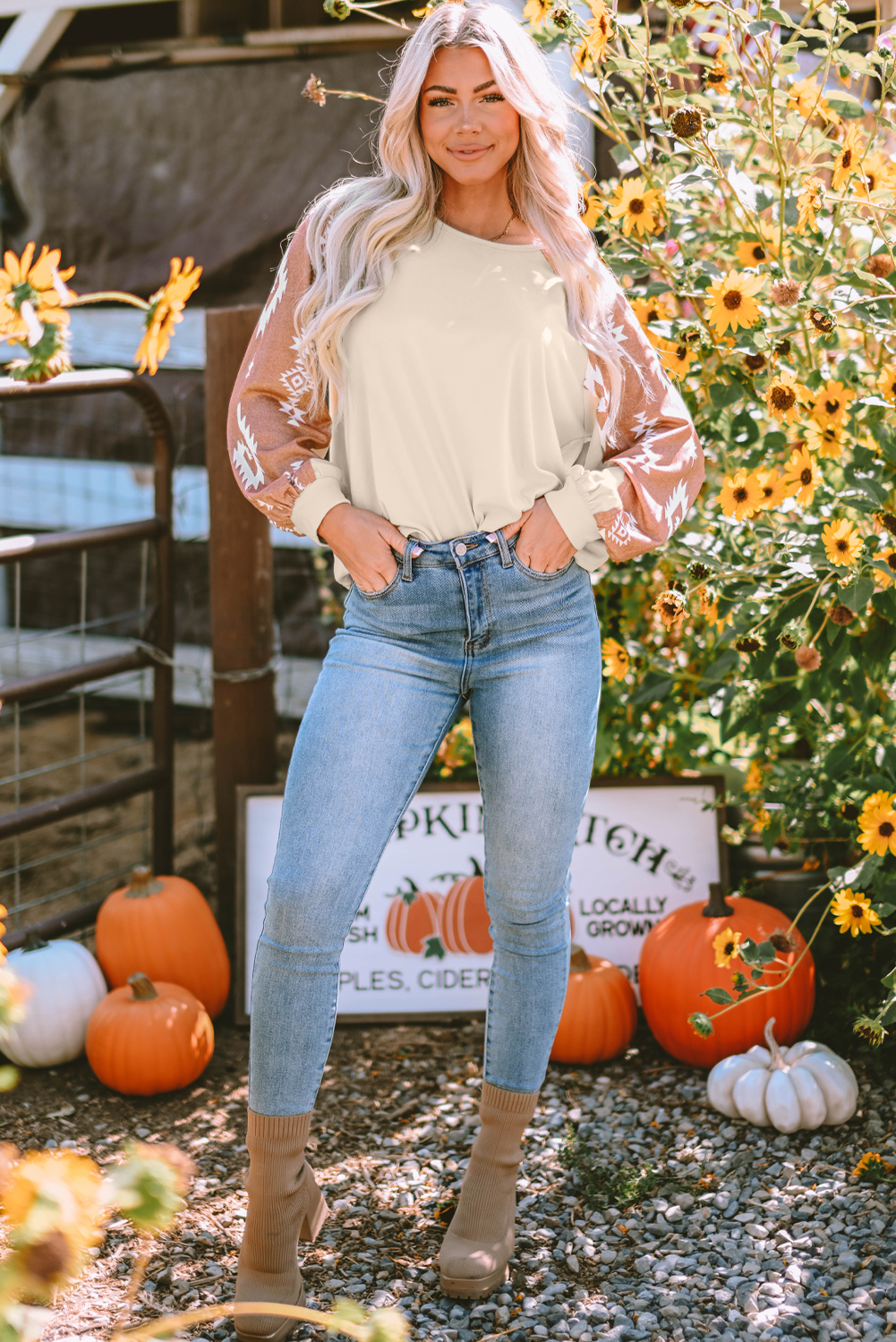 Apricot Western Print Patch Long Sleeve Top - loveforevers