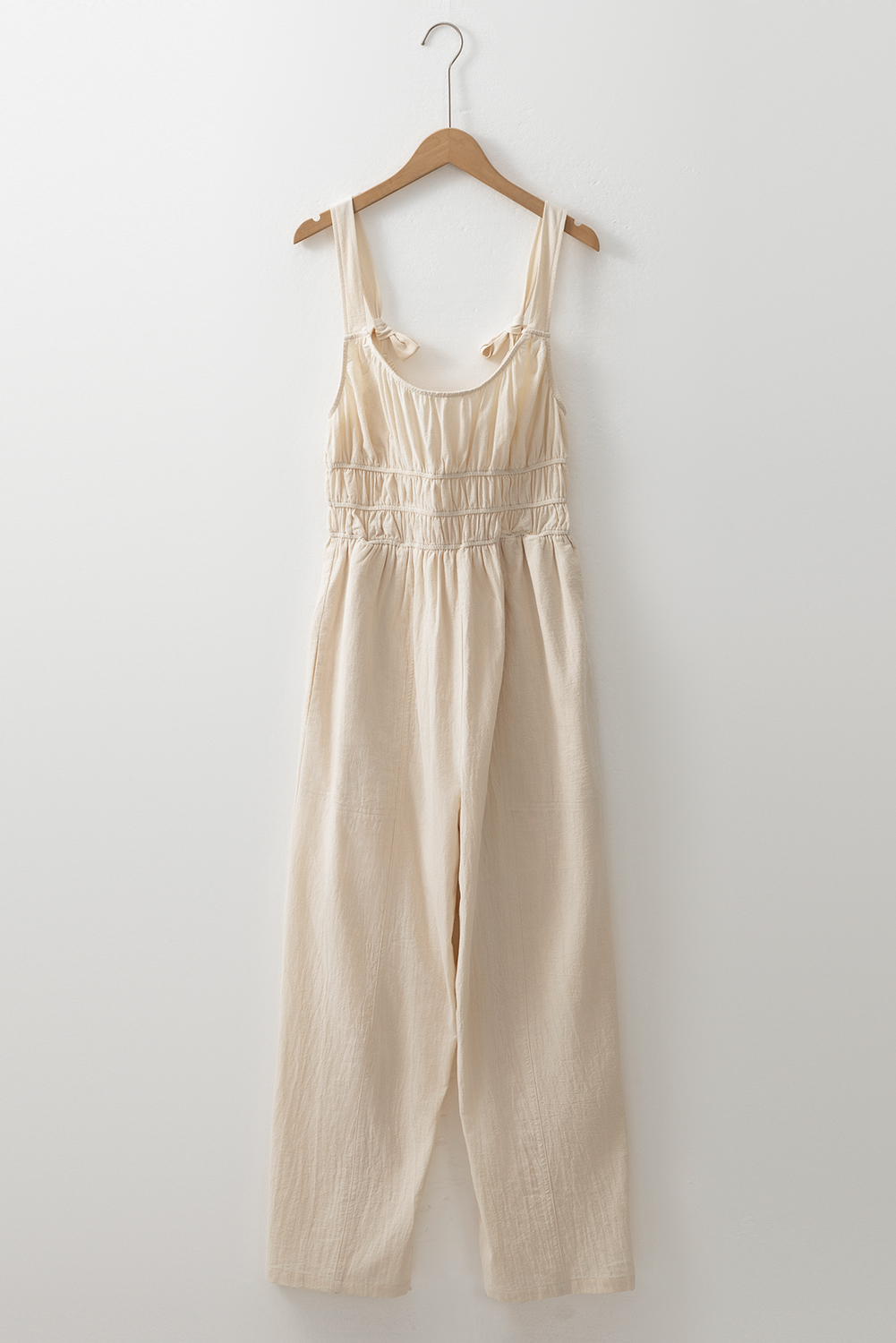 Beige Ruched High Waist Sleeveless Wide Leg Jumpsuit - loveforevers
