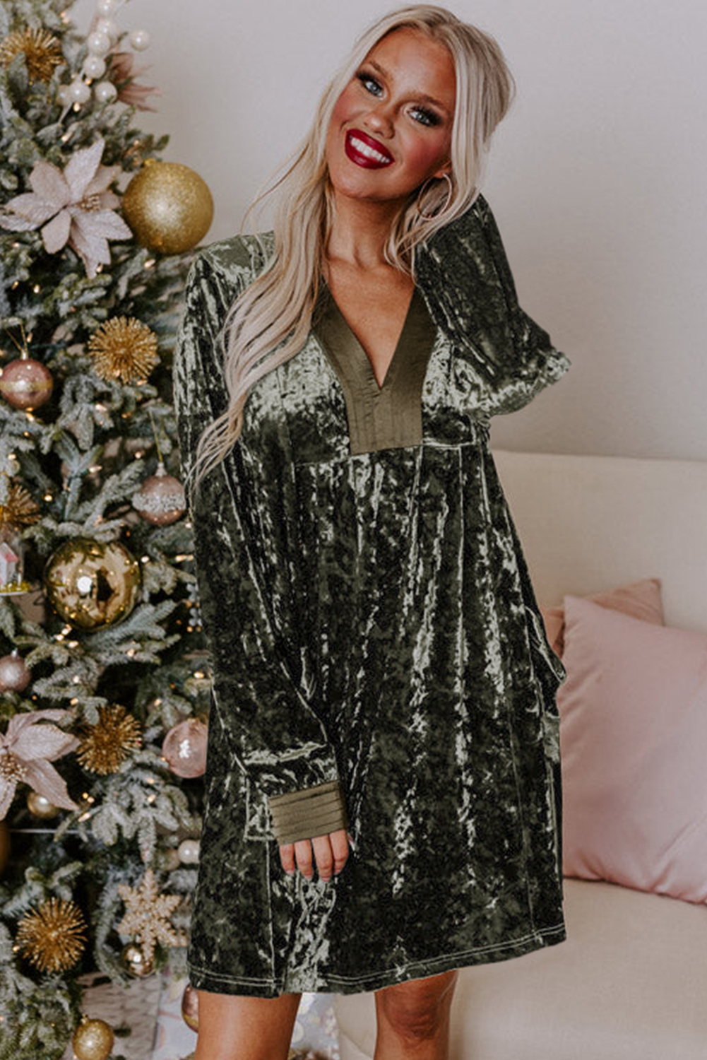 Jungle Green Velvet Long Sleeve V Neck Loose Dress with Pockets - loveforevers