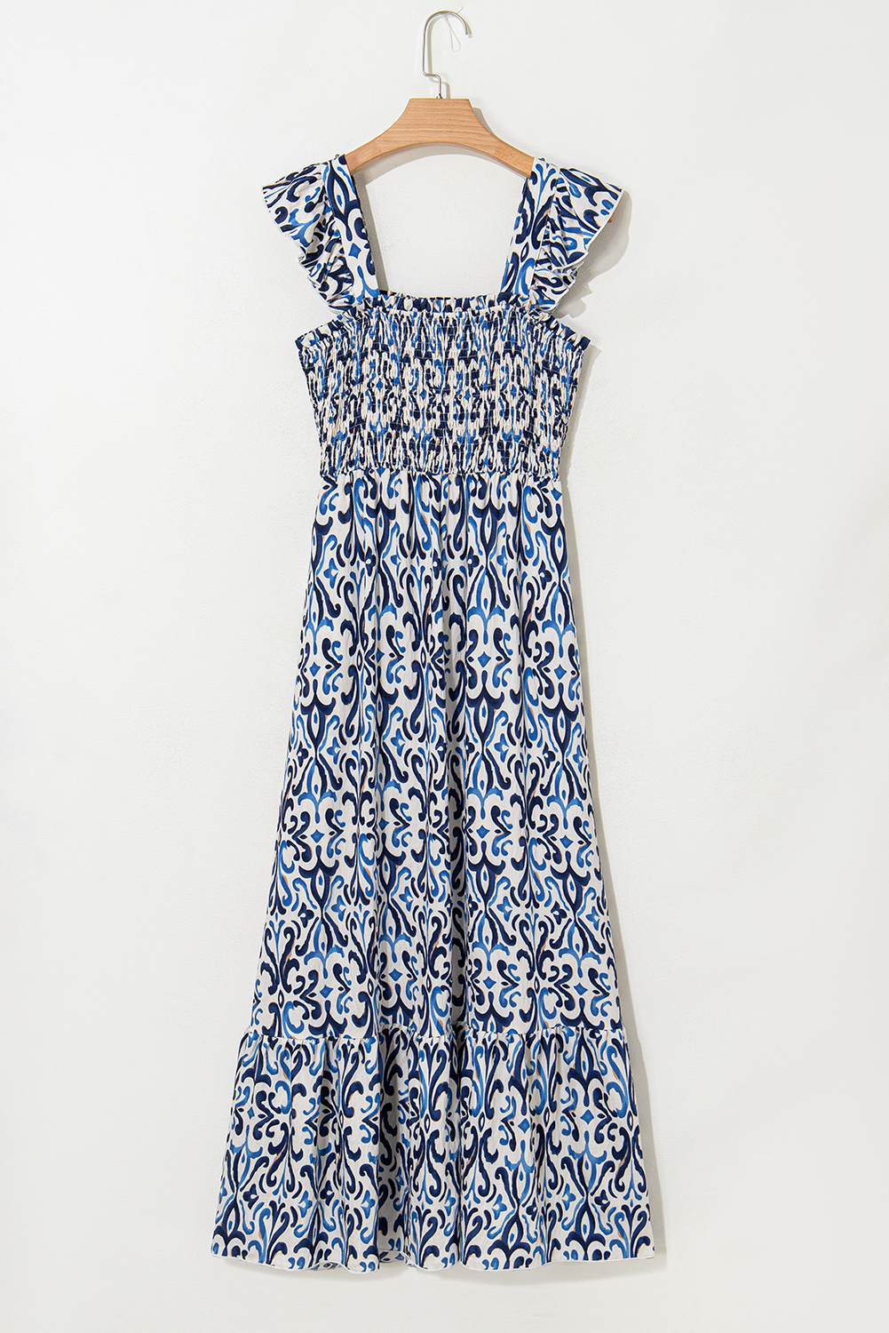 Sky Blue Boho Print Smocked High Waist Maxi Dress - loveforevers