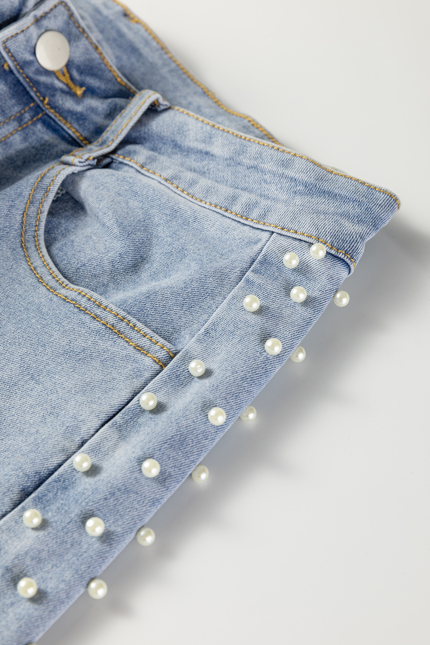 Beau Blue Mid Rise Pearl Embellished Split Wide Leg Jeans - loveforevers